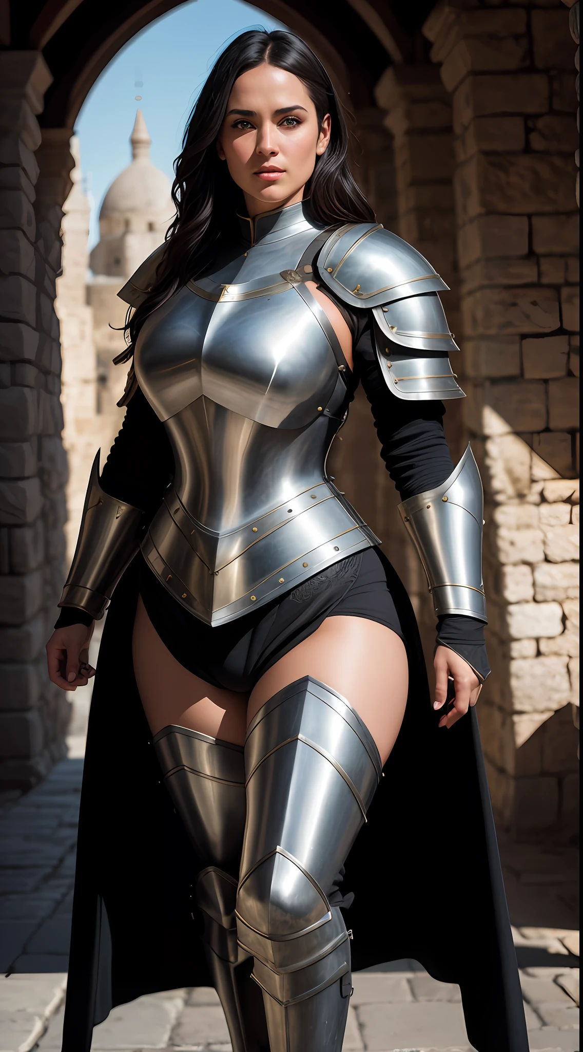 Masterpiece, full body, dark-haired, beautiful medieval knightsgirl in her black plate armor, coat of arms, in a medieval jerusalem, day, curvy, beautiful curves,, medieval aesthetics, tattered outfit, very detailed lighting, dramatic, digital art trend in Artstation 8k HD high definition detailed realistic, detailed, skin texture, hyper detailed, realistic skin texture, armor, best quality, ultra high res, (photorealistic: 1.4), high resolution, detailed, Raw photo, Sharp Re, by Lee Jeffries Nikon D850 Film Stock Photography 4 Kodak Portra 400 Camera F1.6 Lens Rich Colors Hyper Realistic Realistic texture Dramatic lighting UnrealEngine trend in ArtStation Cinestill 800