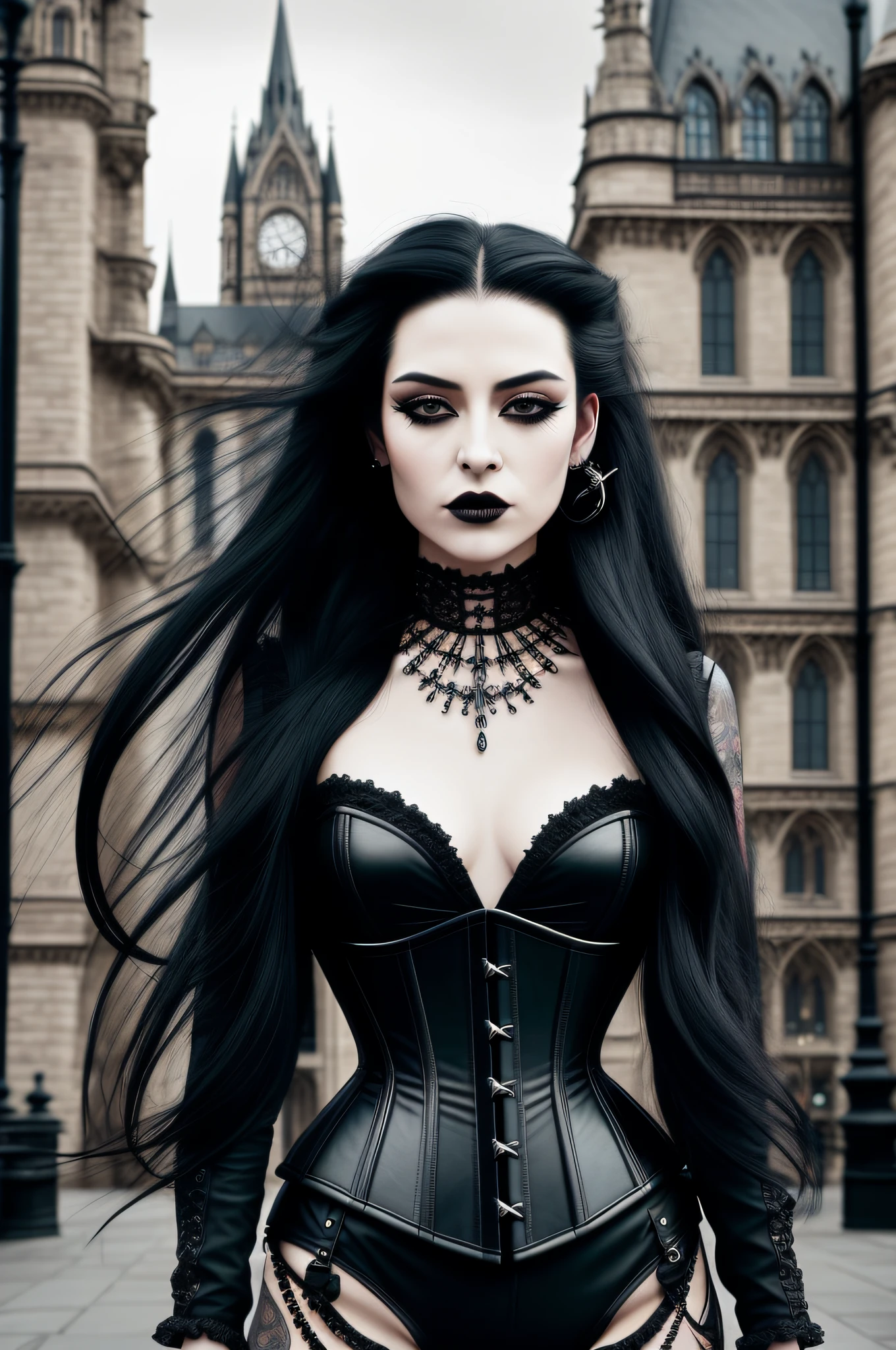 masterpiece, best quality, {30 year old woman}, long black hair, expressionless, windswept hair, black leather corset, black lipstick, detailed eyes, gothic architecture, outside, modern city scenery, facial piercings, building with mirrored glass, twilight, black arm touches, lip piercing, {eroticism 1.5}