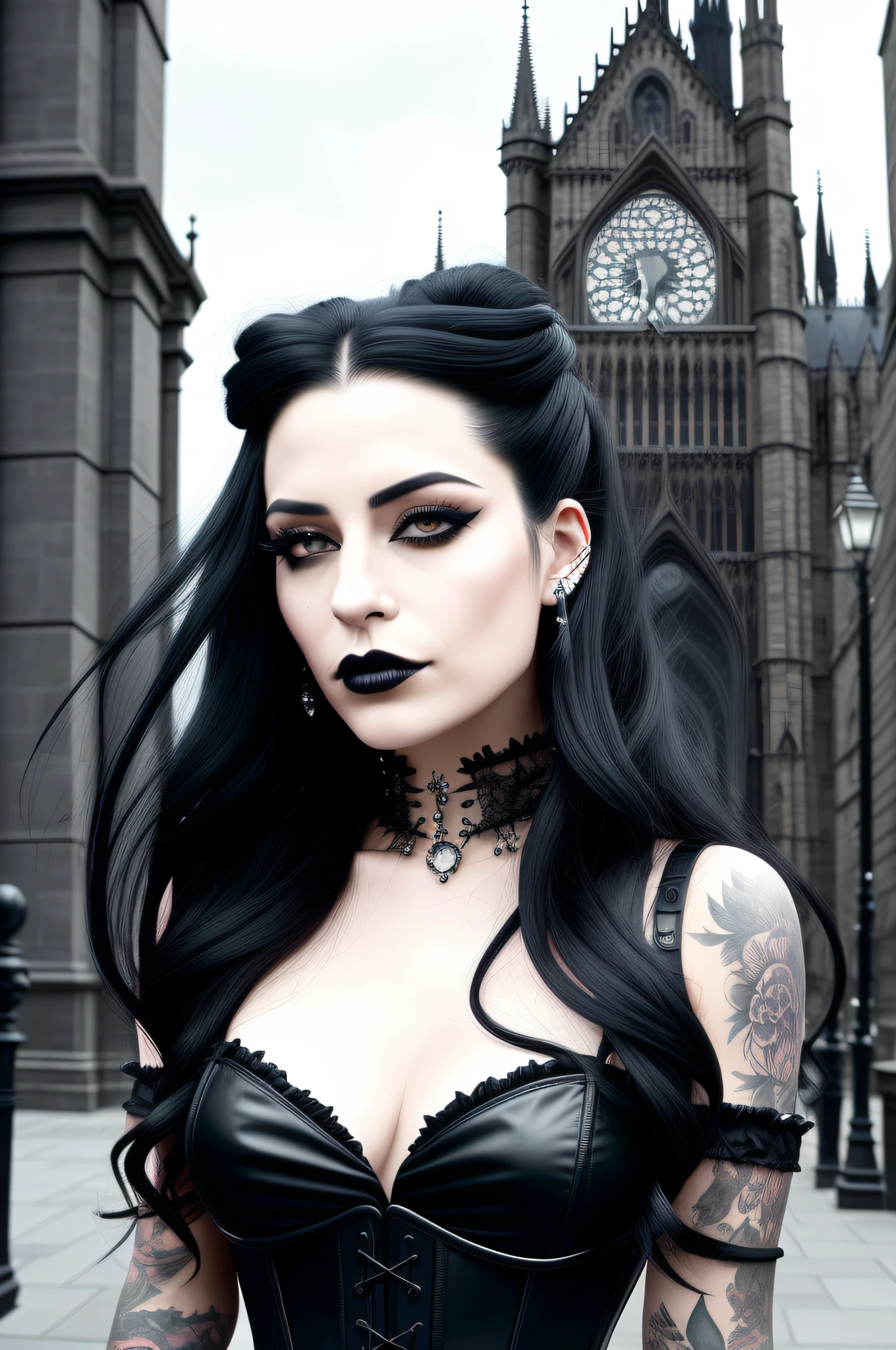 masterpiece, best quality, {30 year old woman}, long black hair, expressionless, windswept hair, black leather corset, black lipstick, detailed eyes, gothic architecture, outside, modern city scenery, facial piercings, building with mirrored glass, twilight, black arm touches, lip piercing, {eroticism 1.5}