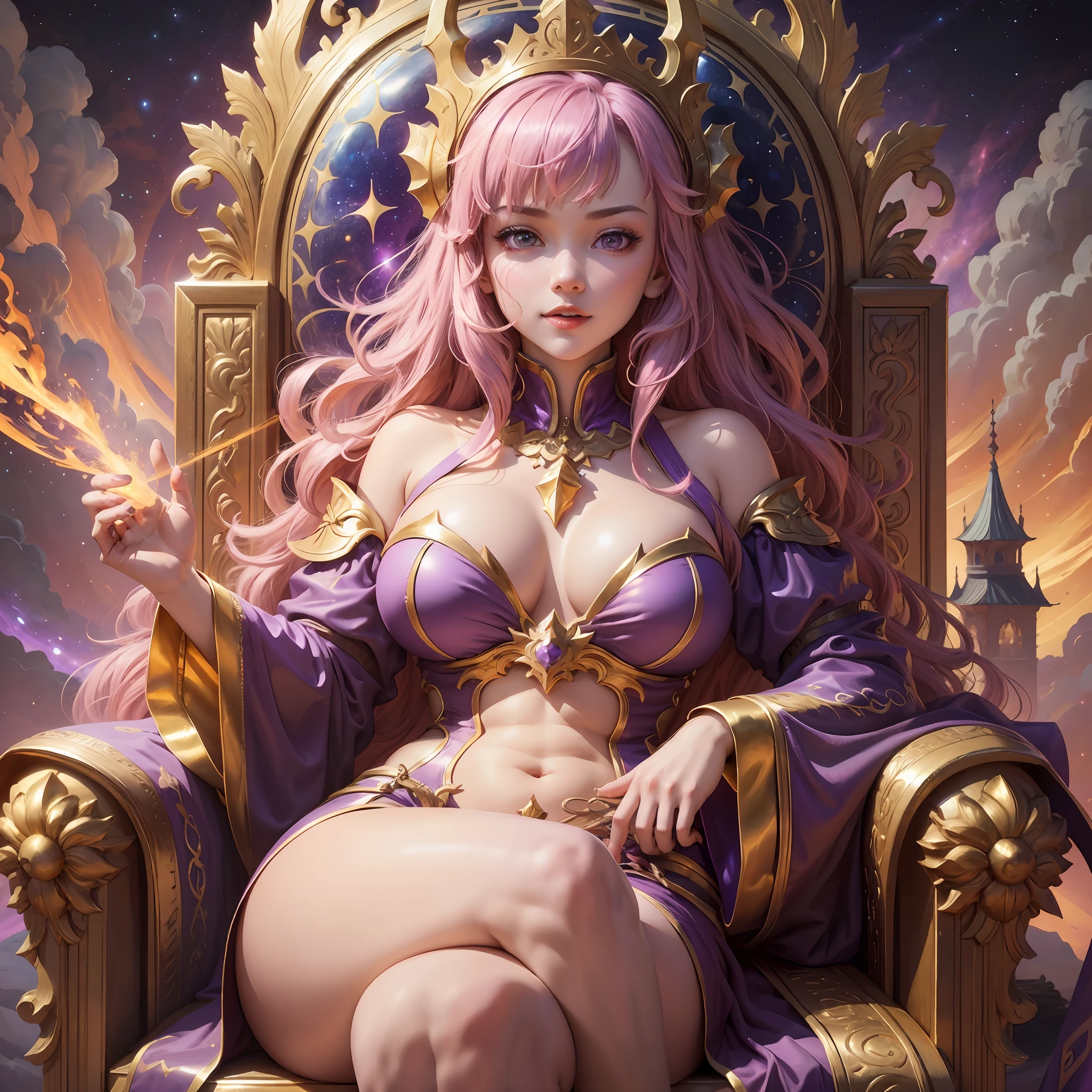girl sitting on throne, golden throne, dragon carved on throne, big neckline, huge breasts, sample breasts, breasts partially out of clothing, cosmic bright purple outfit, light smile, pink hair, bright purple eyes, abstract scenery, cosmic scenery, galaxies in the background, hand supporting face, sexy breasts, best quality, masterpiece, 8k concept, realistic texture, focus on girl, high quality --auto --s2
