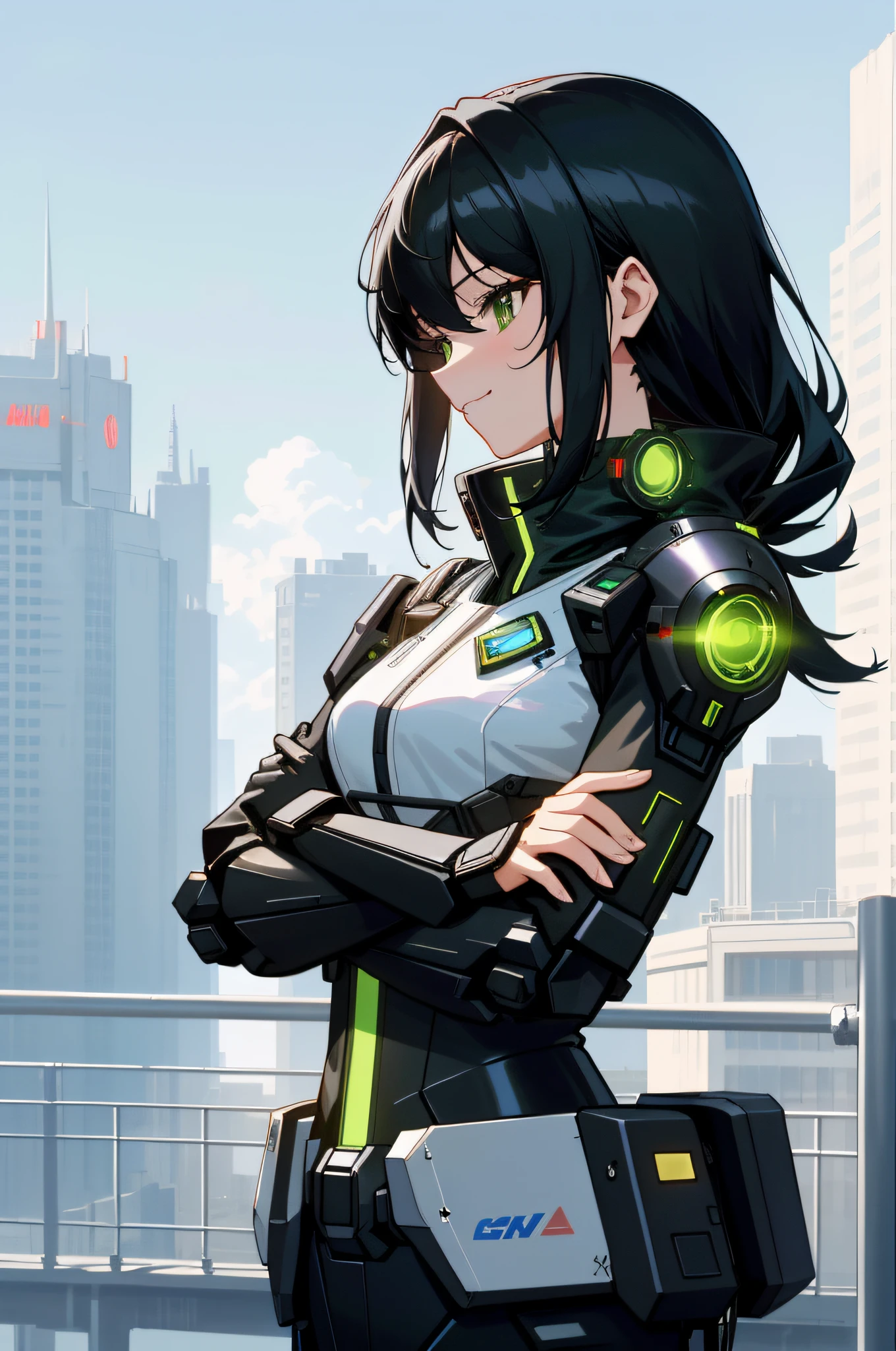 (best quality, masterpiece), {good eyes}, 1girl, (seen from side), {black hair:1.3}, (black haired girl), smirk, (green eyes), (sustentable futuristic city background:1.2), (beautiful day city), stading in a building terrace, cyberpunk, (VFX effects), clouds in sky, (manto cinza:1.2), (colar de metal com um chip eletrônico), day, high-definition, detail representation, complex details, anime style 4k, detailed digital anime art, anime digital art, 8k, (good hands), (good arms), perfect body.