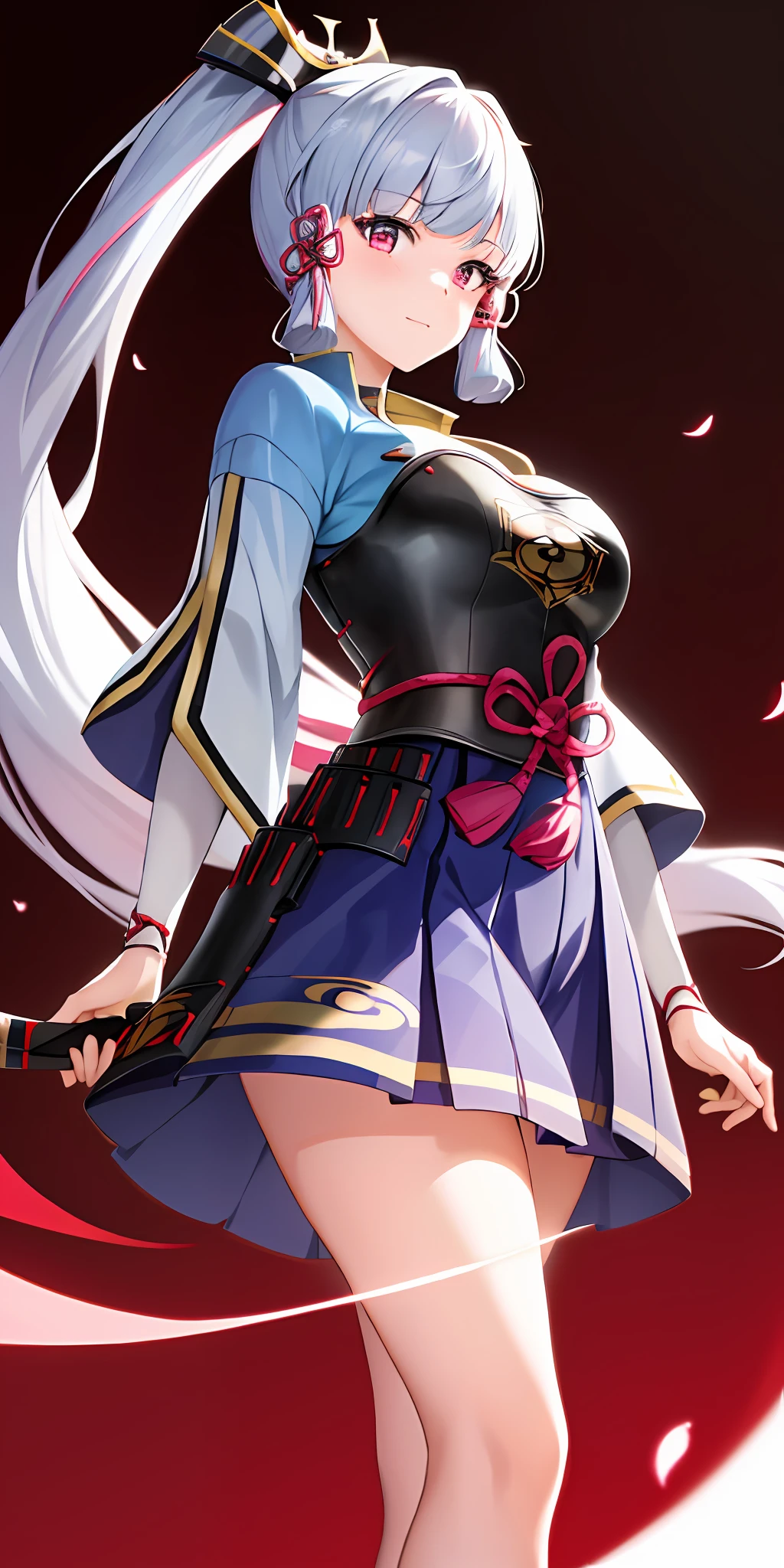 1girl, solo, kamisatoayakadef, large breasts, standing, (glowing red eyes), (from below view), red background