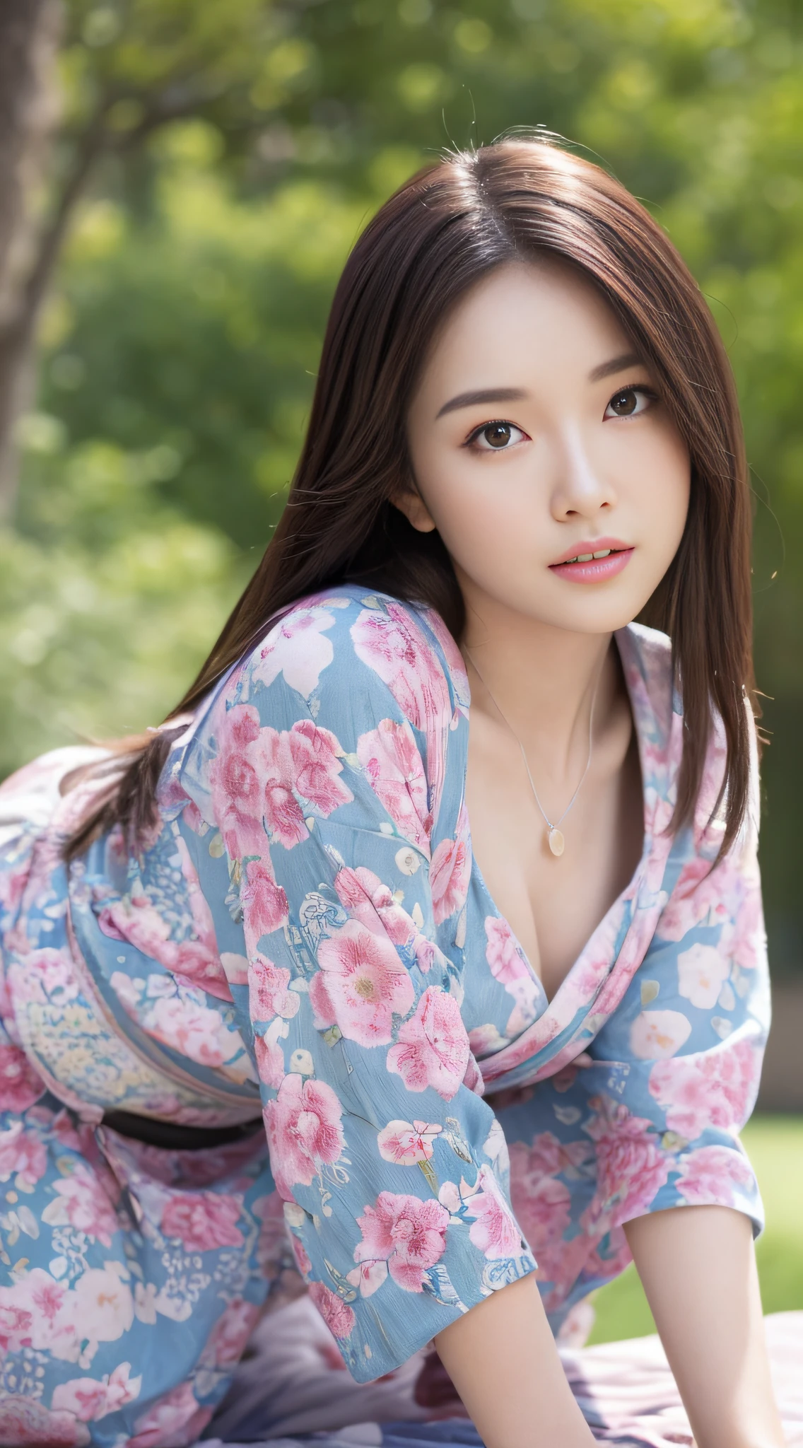 (top quality, high resolution, masterpiece: 1.3), women in their twenties, surprisingly cute, tall and cute woman, slender abs, dark brown hair styled with straight hair, chest, thighs, wearing pendants, yukata, (park in the background), exquisitely rendered details on face and skin texture, detailed eyes, double eyelids, upper eye use, slouch, blush, The feeling of looking into this, leaning forward, looking up, posing on all fours, whole body,