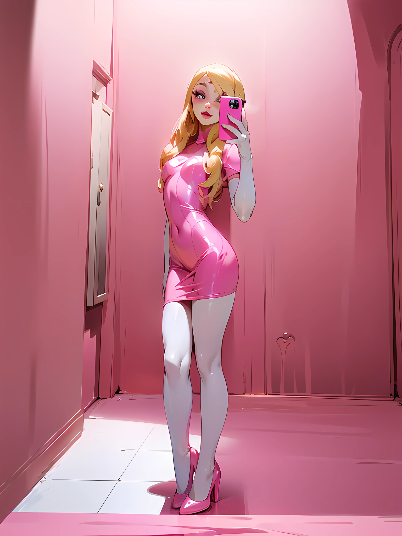blond woman in a pink latex dress taking a selfie, ava max, amouranth, better known as amouranth, dressed in a pink dress, latex dress, sexy dress, portrait of kim petras, pink dress, succubus in tight short dress, young beautiful amouranth, amouranth as a super villain, wearing a pink dress, skintight dress