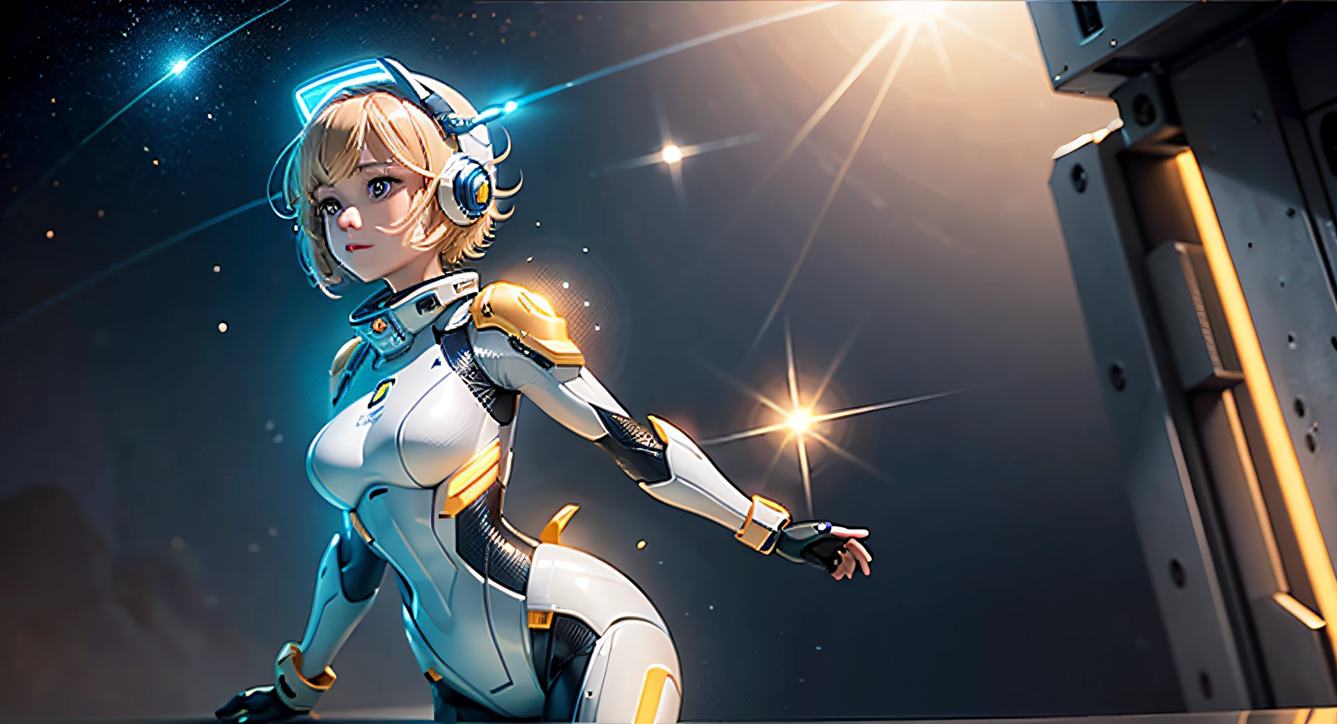 Full body, golden hair, short hair, blunt bang, masterpiece, best quality, official art, album art, very elaborate CG Unity 8K wallpaper, lone girl, Japan girl, full body, super high resolution, (photorealistic: 1.4), dynamic angle, dynamic pose, mystical power, floating particles, reflection, very cute, petite, sparkling blue color eyes, Golden hour lighting, pilot suit in white and blue and black colors, tight fit clothes, full-body covering clothes, knee boots, (puffy eyes), viewer watch, front-facing, beauty, medium breasts, shirt lift, metal wire, slim body, arm-length gloves, anime heroine, gentle smile, headset, helmet, detailed robot cockpit, super futuristic space