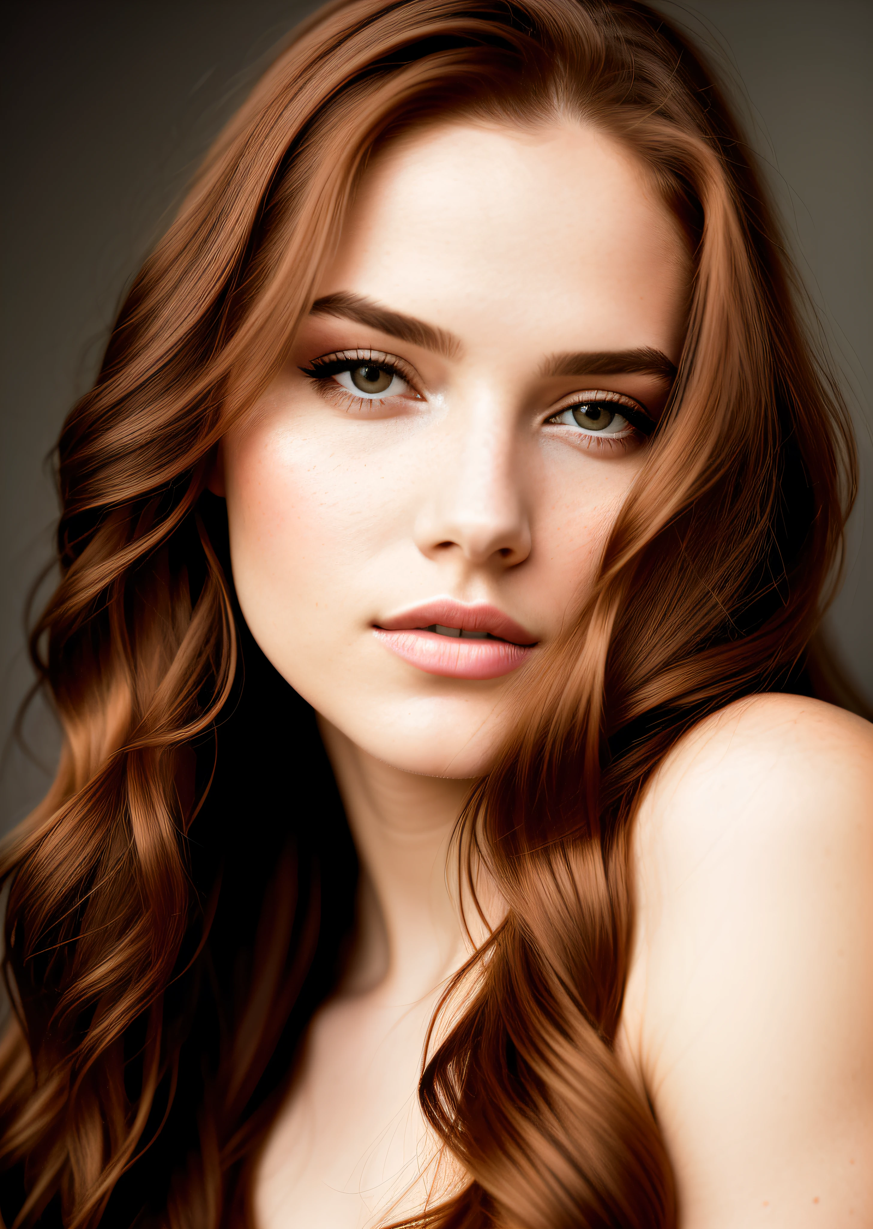 A striking portrait of a young and beautiful woman with 20 years, striking features. She must have long red hair, a captivating look and a seductive expression. The background should be neutral and simple, allowing the woman to be the focal point of the image. Please pay close attention to details, such as highlights and shadows on your face and hair, to create a realistic and realistic image. Try different lighting techniques to improve the mood and atmosphere of the portrait. The final product should be a masterpiece that captures the essence and beauty of the woman, ((highly detailed skin, skin details)), sharp focus, volumetric mist, 8k UHD, DSLR, high quality, film grain, Fujifilm XT3, full body