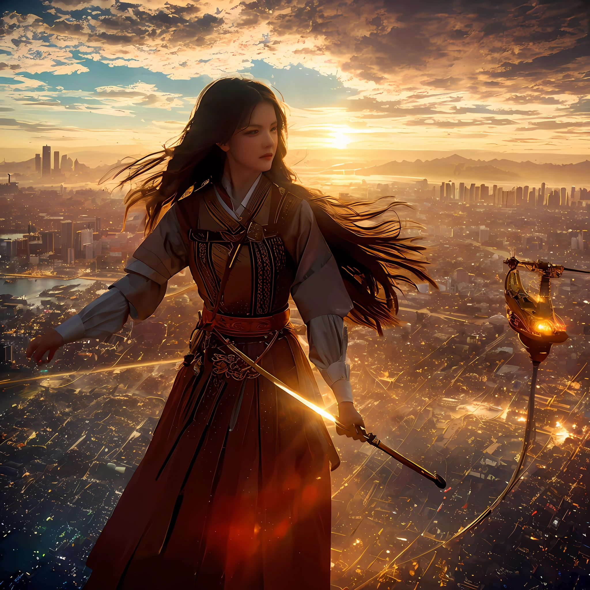 Imagine an epic scene unfolding atop a metallic airship. As the backdrop, the bustling city of Tokyo, skyscrapers reaching towards the heavens. Standing on the deck is a Japanese young girl, aged 20, donned in Gothic Lolita a white blouse and black skirt. In her hand, she wields a violin bow, brandishing it like a sword. Her body language is full of dynamism, as if she’s charging forward, fearlessly making her stand.
Across from her stands Leonardo da Vinci, a figure of the Renaissance period. He is garbed in traditional Italian Renaissance attire, holding a large bow, poised to counter her attacks.
The air around them is alive with luminescent equations and mathematical graphs, hovering like augmented reality symbols, adding a technological and mystical flair to the scene. These equations and graphs glow, creating optical spatial effects that add another layer of complexity to the image.
The setting sun paints the sky with hues of crimson and gold, casting long shadows and bathing the subjects in a warm glow. The river below reflects the same sunset, creating a breathtaking mirror image. Majestic clouds stretch across the skyline, further enhancing the grandeur of the scene.
The evening light illuminates both the woman and Leonardo, highlighting their intense duel atop the airship. The sun’s rays create an atmosphere of high drama and intensity, each moment captured in the golden hour. The professional lighting highlights her glossy skin and the high-quality rendering