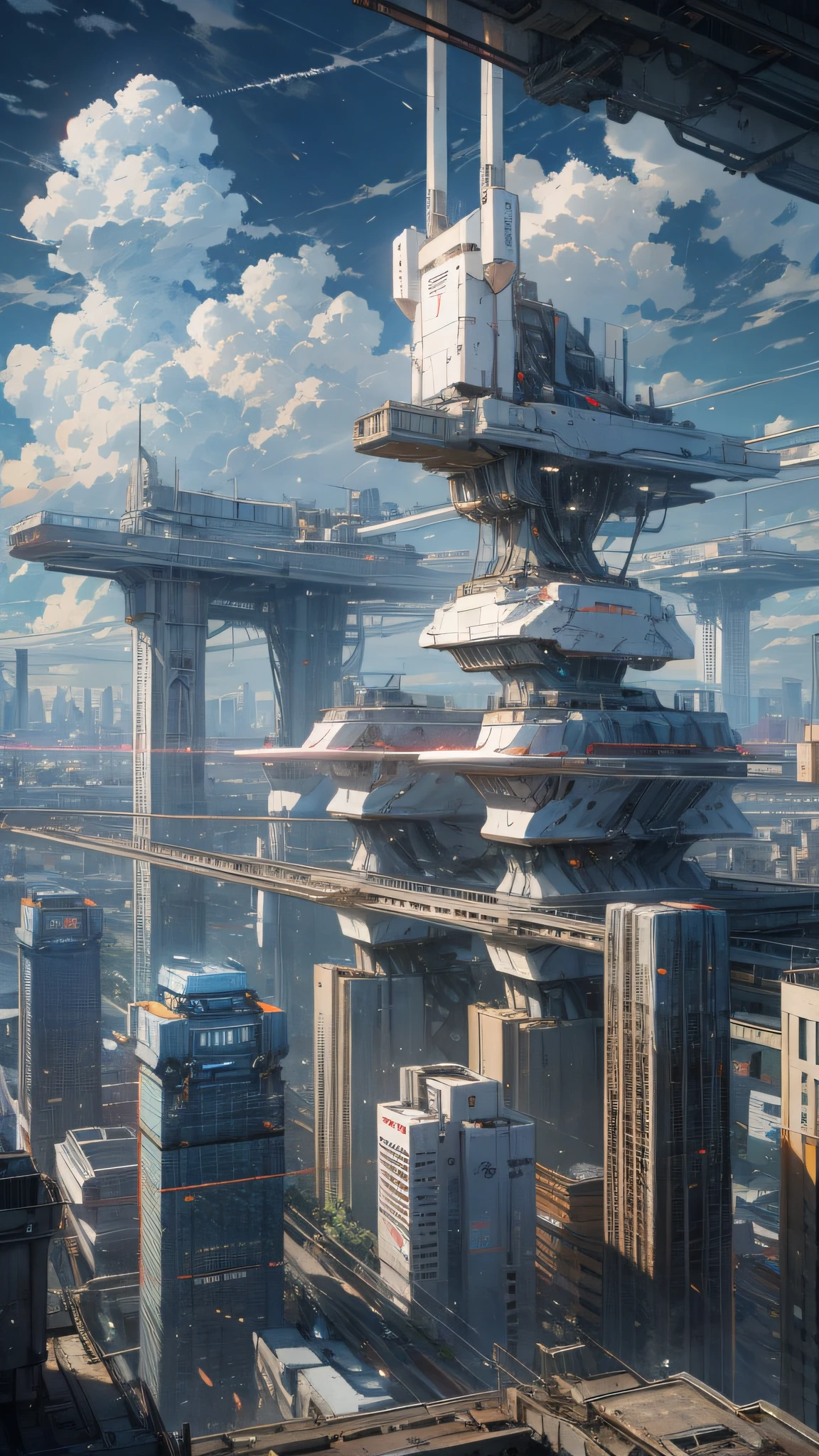 Sky, Clouds, holding_weapon, no_humans, Glow, Robots, Architecture, Science Fiction, Cities, Reality --v6