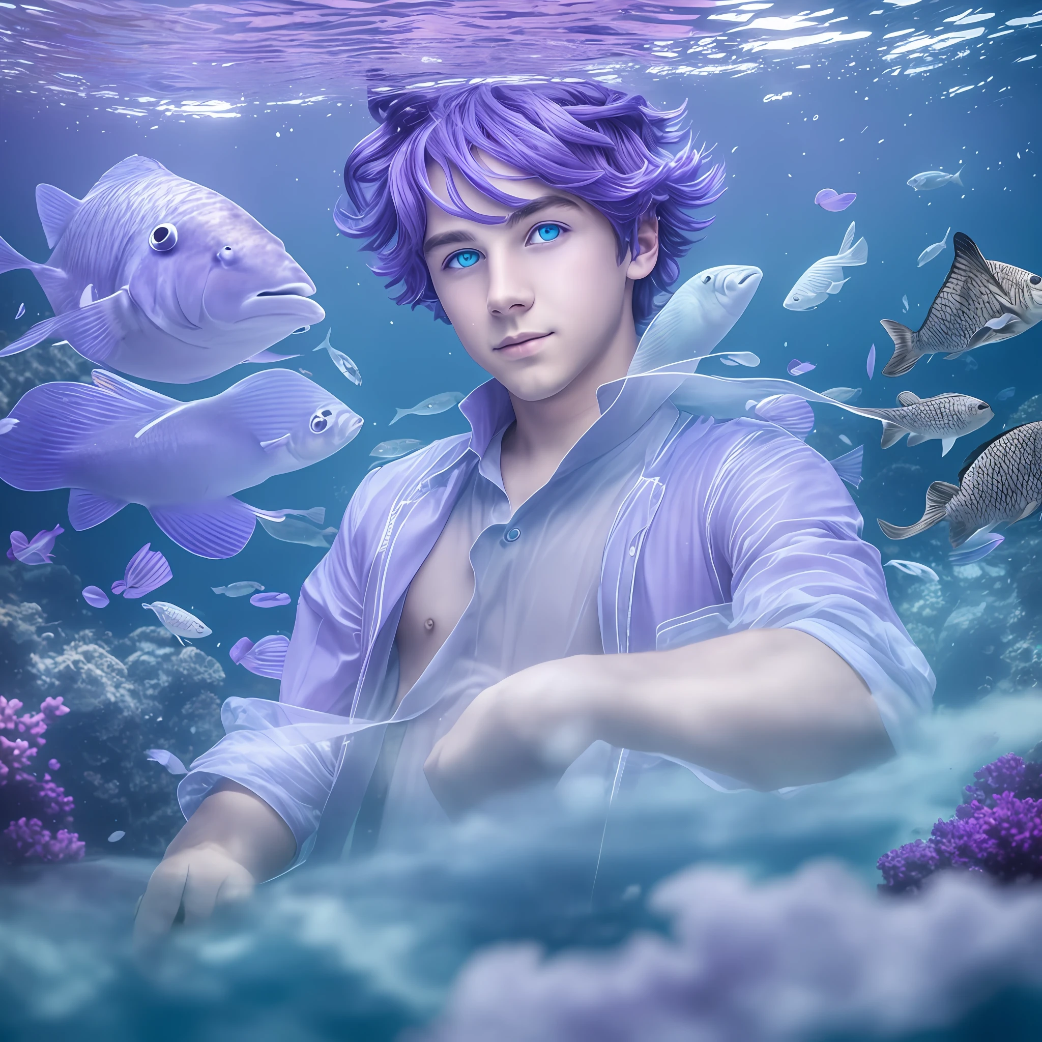 A handsome boy floating underwater, surrounded by fish in shades of blue and purple, with lilac hair and bright blue eyes. The image has a soft and magical feel, with a slight fog effect. --auto --s2