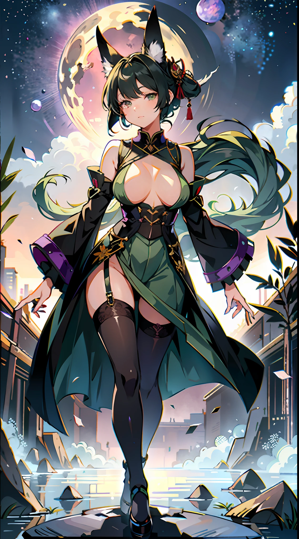 absurd res, high res, (masterpiece:1.4), ultra-detailed, girls, from front, from top, space, floating, dark green Japanese traditional dress mixed with black, dark green + black dress, black stockings, dark green hair, violet eyes, hands out of frame, furry ears, slightly open top, fox ears, medium breasts, boobs, glassy eyes, no human ears, glassy purple, crotch pov, full body, slightly visible panty