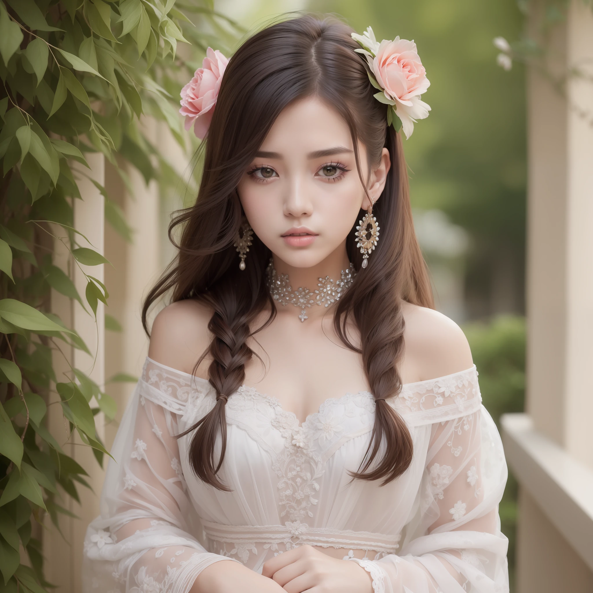 masterpiece, realistic, best quality, ((ultra-detailed)), hair styles, clothes & glam makeup for your kpop idol & model, 1girl, solo, flower, hair ornament, hair flower, brown hair, jewelry, earrings, long hair, looking at viewer