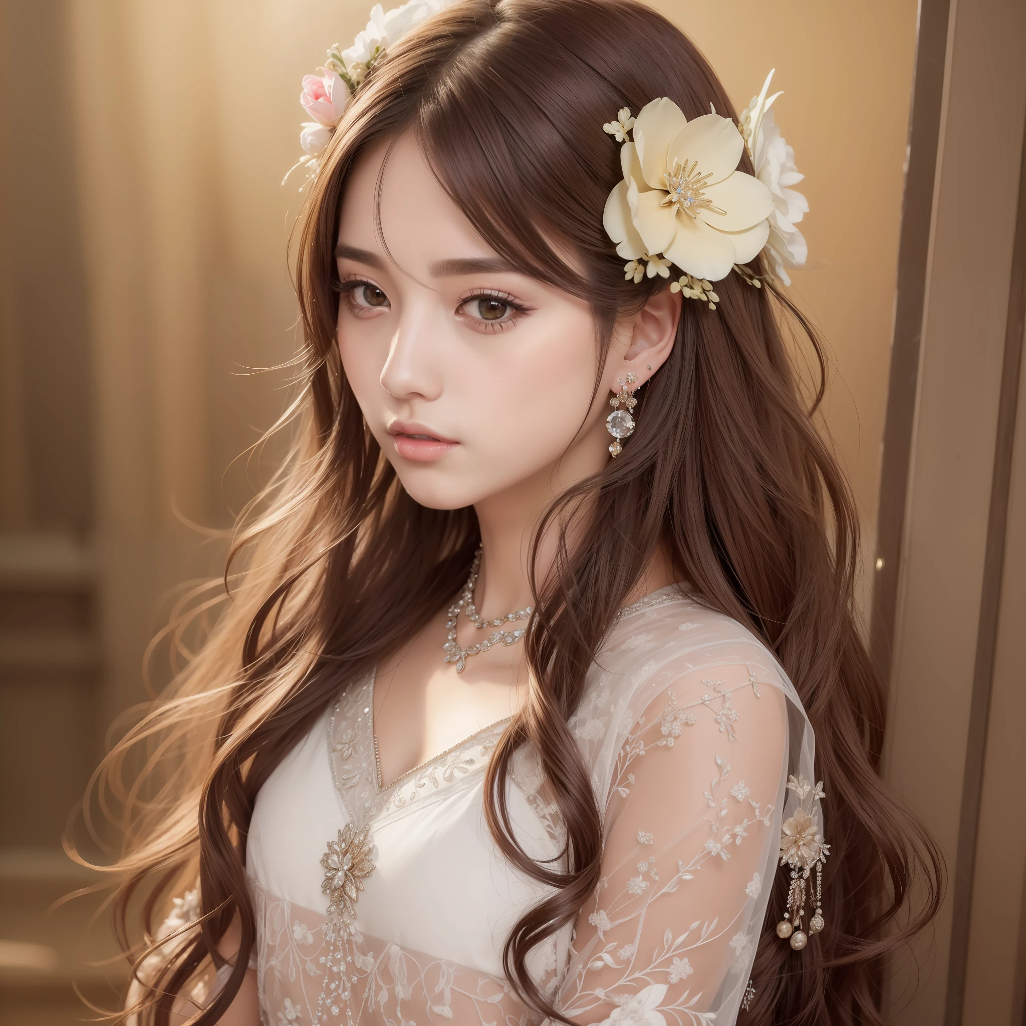 masterpiece, realistic, best quality, ((ultra-detailed)), hair styles, clothes & glam makeup for your kpop idol & model, 1girl, solo, flower, hair ornament, hair flower, brown hair, jewelry, earrings, long hair, looking at viewer