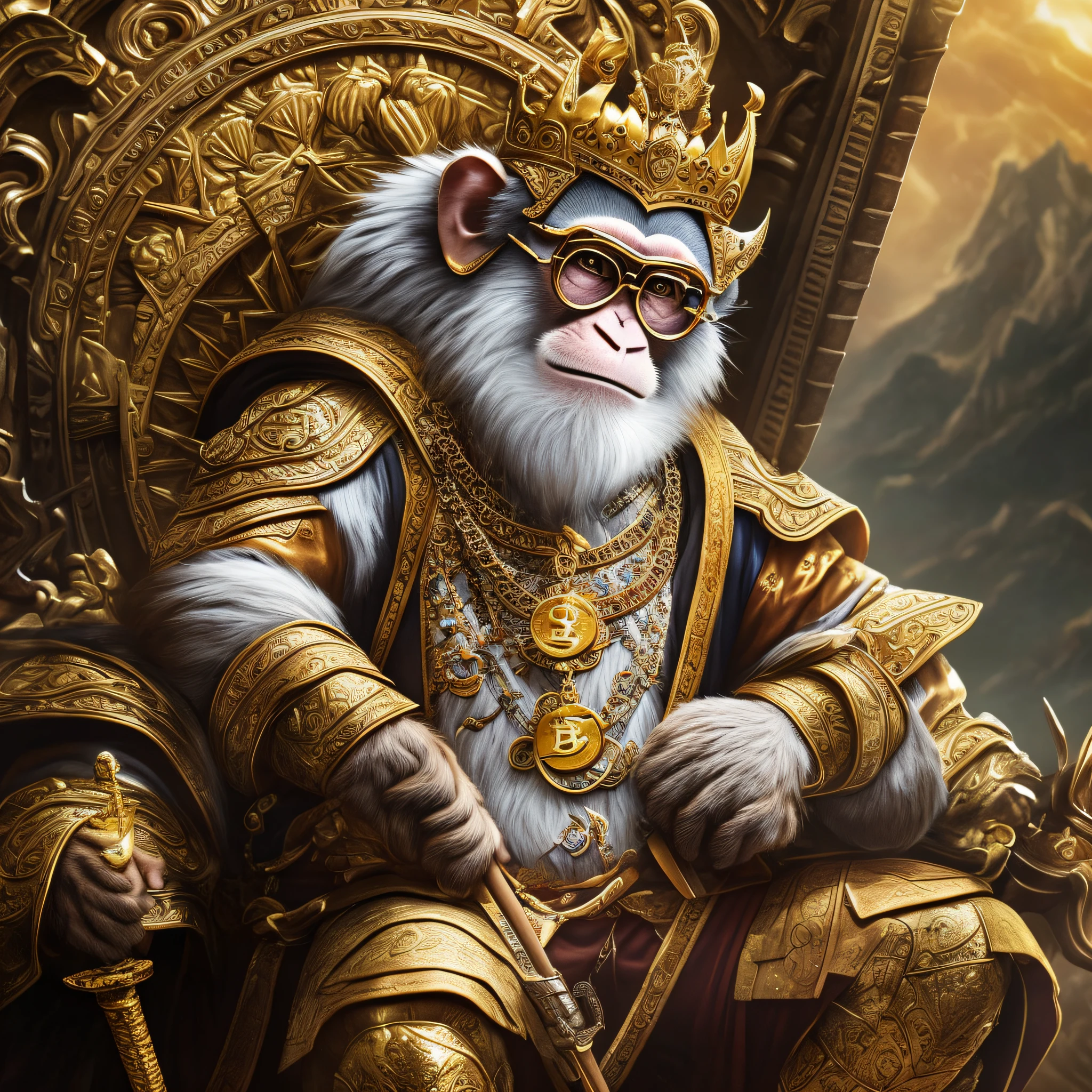 (high quality image) monkey king, holding sword, bespectacled, with tact, sitting on the throne, bitcoin currency necklace, (landscape in king's castle) --auto --s2