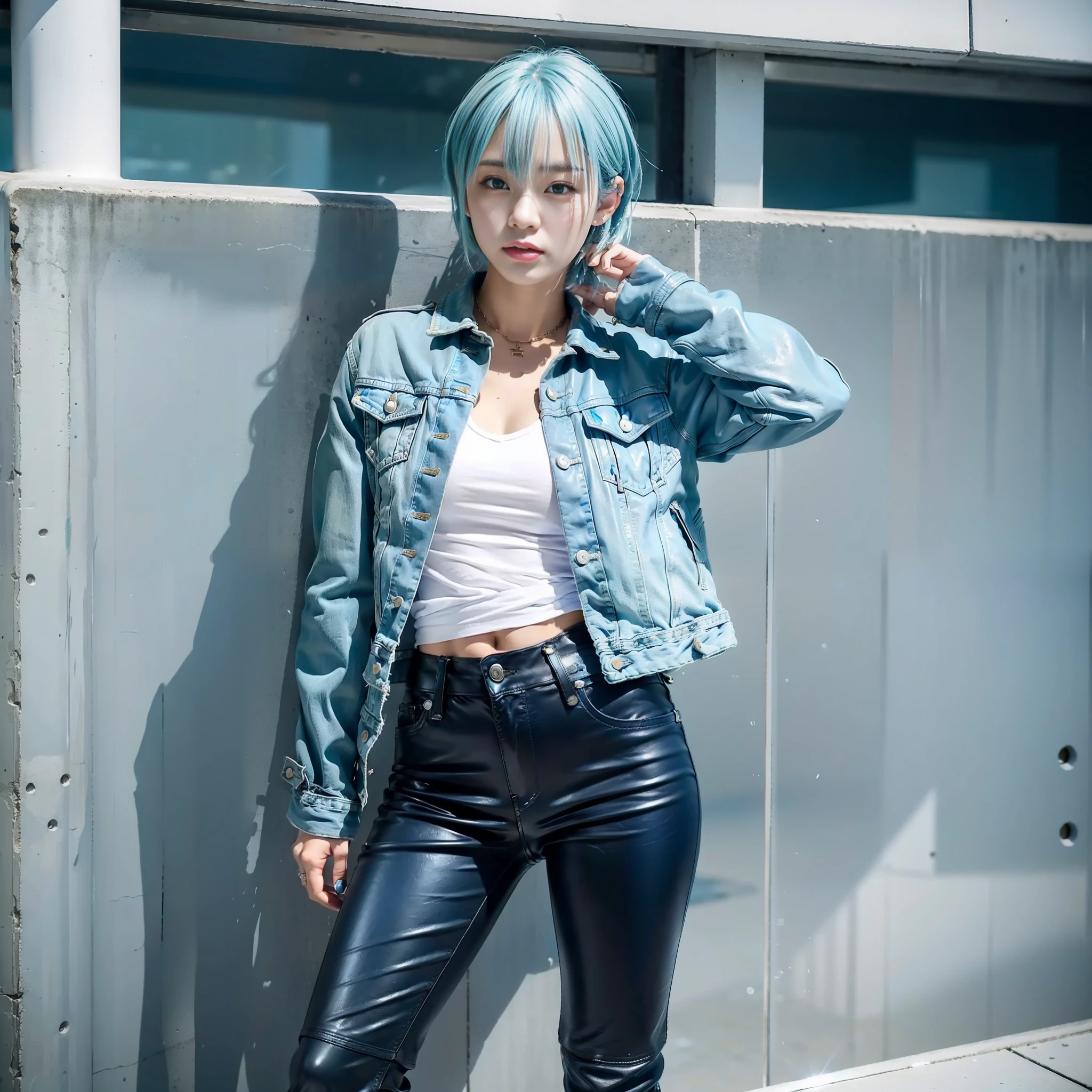 Japan Female, 18 years old, looking at the camera Portrait Boyish Wild Cool Light Blue Riders Jacket Leather Pants Leather Boots 180cm G Cup Light Blue Hair Short Bob