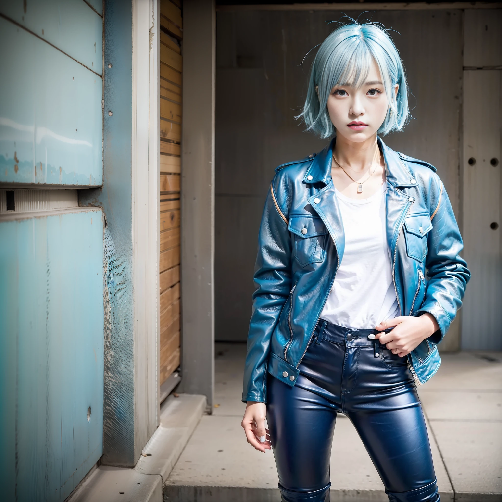 Japan Female, 18 years old, looking at the camera Portrait Boyish Wild Cool Light Blue Riders Jacket Leather Pants Leather Boots 180cm G Cup Light Blue Hair Short Bob