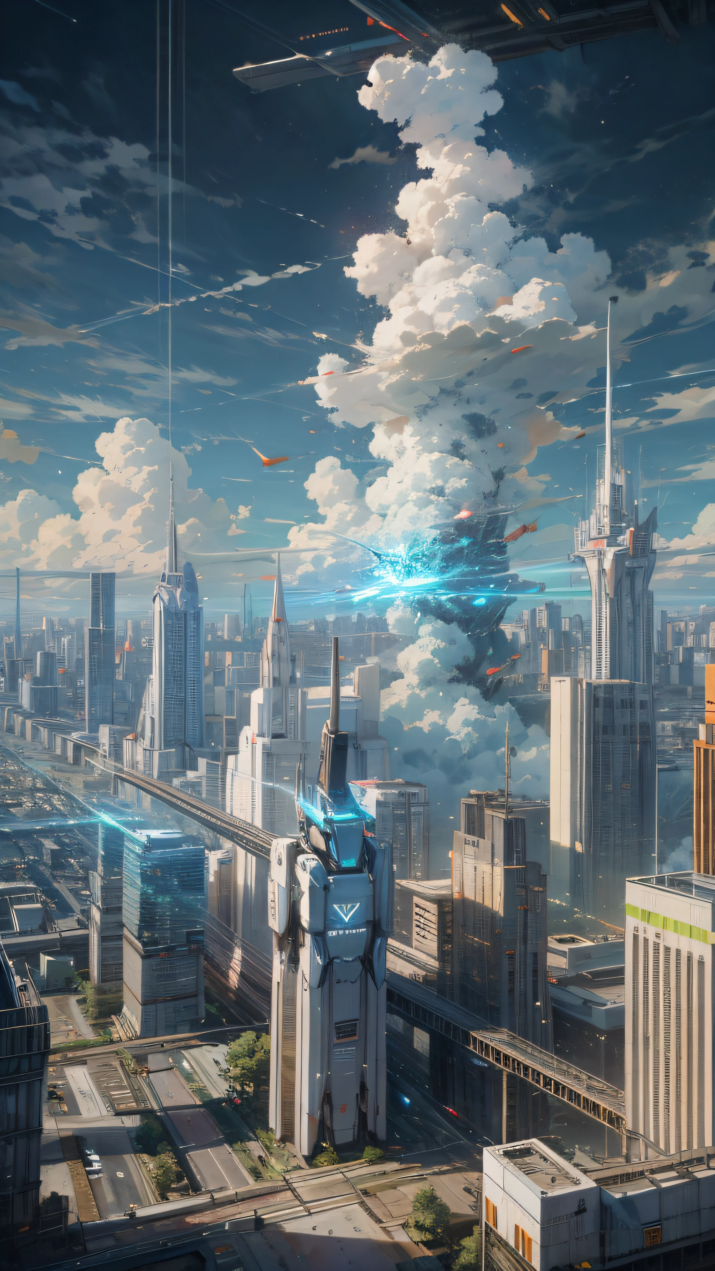 Sky, Clouds, holding_weapon, no_humans, Glow, Robots, Architecture, Science Fiction, Cities, Reality --v6