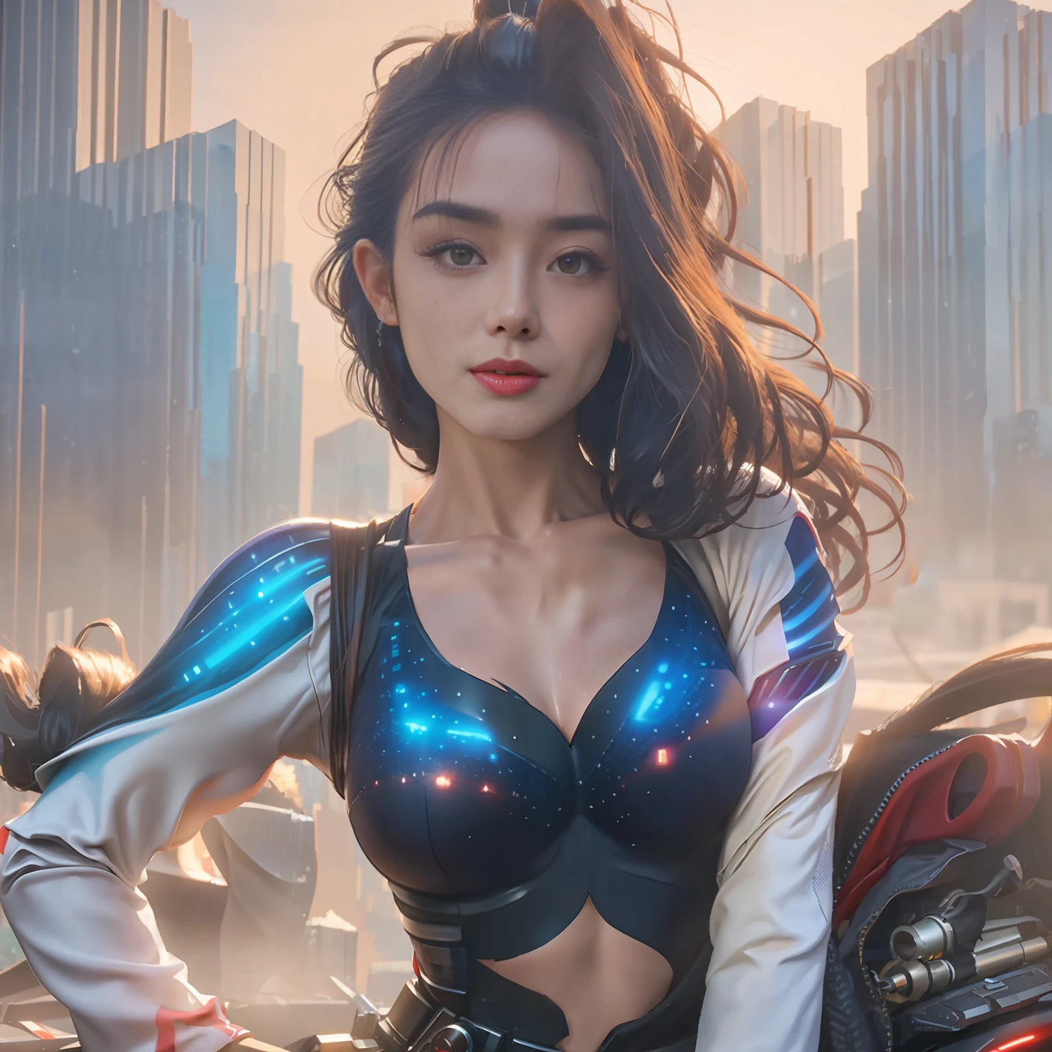 ultra realistic 8k cg, (futuristic:, perfect artwork, masterpiece, futuristic city, futuristic era, mechanical, fantasy), (((detailed background))) sexy asian prostitute woman 20 year old cyborg model cool muscle, amazing incredibly beautiful, sitting, looking at camera, shiny wavy black hair, 50mm portrait, glamour, soft curves, gigantic ass, wide hips, fleshy and moist lips, perfect cybernetic body,  Perfect ABS, 3D, Ultra realistic, Sun, in an alley in Tokyo city