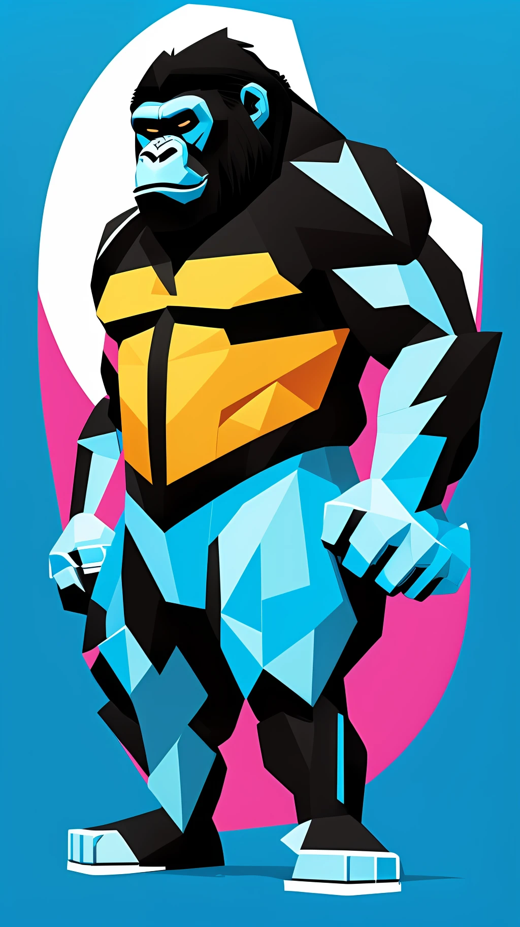 a silhouette design of a gorilla, t-shirt art, 3D vector art, beautiful and quirky, bold bright color, black background, blue and white colors, digital painting, low-poly, panoramic view, isometric style, retro aesthetic, character-focused, 8k resolution, photorealistic rendering, using 4D Cinema, front side.