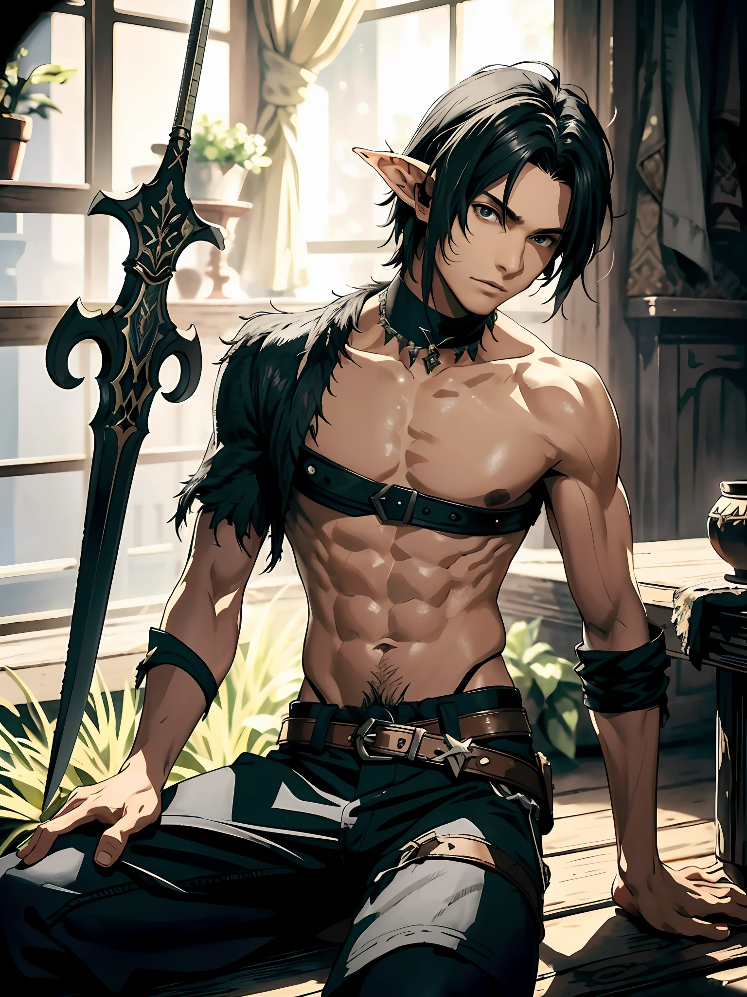 (Solo 1man) 1 male elf (pointed ears) messy shaggy black hair, the main protagonist of Final Fantasy XVI, high rez, 8k, beautiful composition, ultra detailed, twink, lithe slender build, sexy young man, shirtless, brown pants, short sword, alluring pose, sitting down