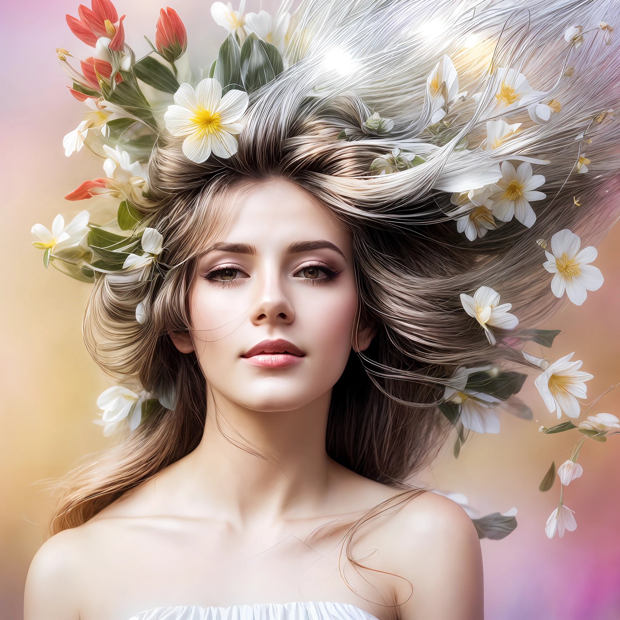 flowers in the hair, (((bright strands))), professional photo, real photo, beautiful lighting, warm atmosphere