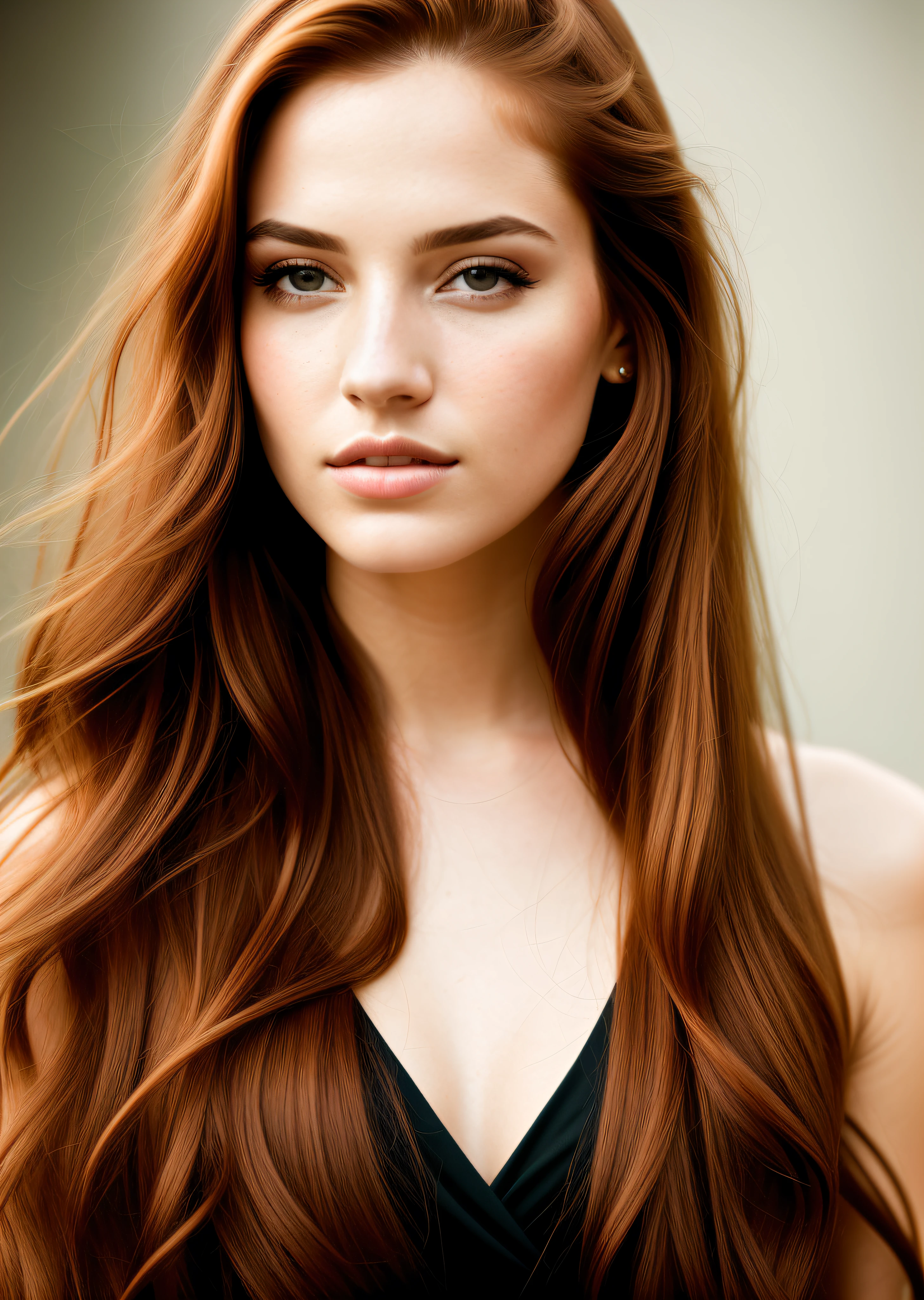 A striking portrait of a young and beautiful woman with 20 years, striking features. She must have long red hair, a captivating look and a seductive expression. The background should be neutral and simple, allowing the woman to be the focal point of the image. Please pay close attention to details, such as highlights and shadows on your face and hair, to create a realistic and realistic image. Try different lighting techniques to improve the mood and atmosphere of the portrait. The final product should be a masterpiece that captures the essence and beauty of the woman, ((highly detailed skin, skin details)), sharp focus, volumetric mist, 8k UHD, DSLR, high quality, film grain, Fujifilm XT3, full body