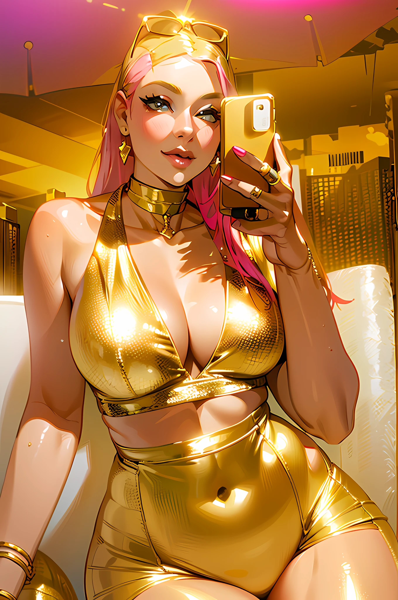 Pink hair araffed woman in a gold bikini top and gold pants taking a selfie, bright gold bikini, golden bra, in a one-piece gold swimsuit, shiny gold, golden body, golden transparent bikini, wrapped in shiny golden oil, smooth golden skin, elegant golden body, bright gold outfit, very sexy, golden suit,  Metal bikini, goddess, tight outfit