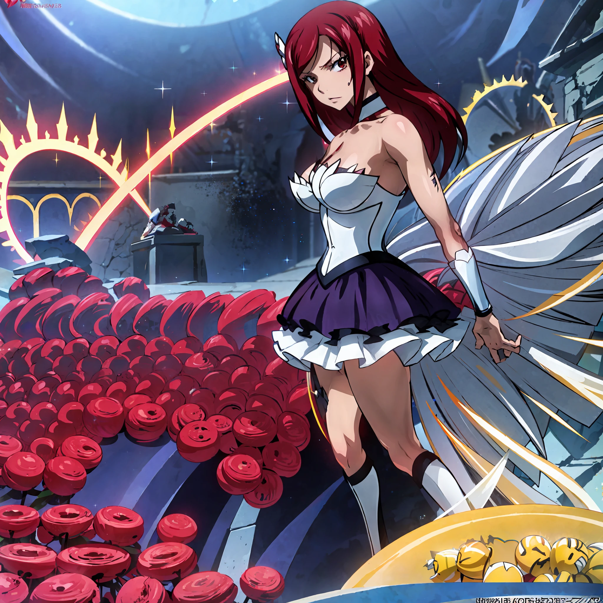 Erza Scarlet, Erza Scarlet from Fairy tail, Erza Scarlet (Fairy Tail), fairy tail, Red hair, Magazine cover pose, anime moe artstyle, seductive anime girl, Joy Ride art style, cat eyes, fit body, gynoid body, perfect body, big breasts, Ilya Kuvshinov, official character art, (best quality, masterpiece) a cute chibi girl,  seductive anime girl, official art,