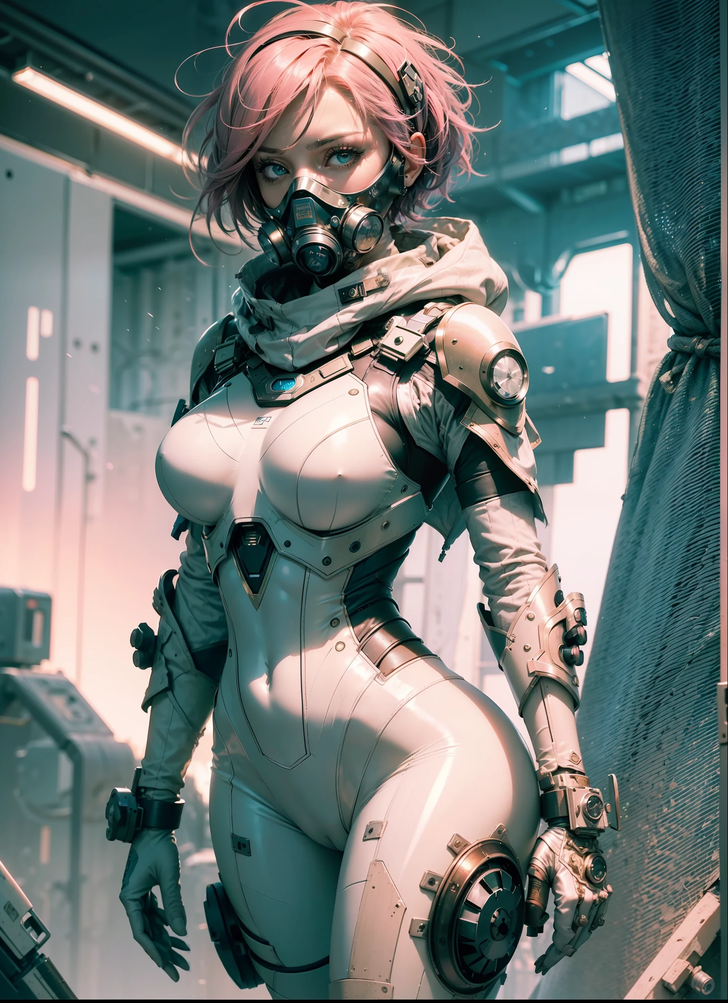 ((From a beautiful & perfect face to a hot waist)) superheroine ((wearing gas mask and a extremely detailed white combat plugsuit)) masterpiece hyperrealist & photorealist beauty young astonishing anime, pearly perfect skin (short bob cut pink hair) in realistic & hyperdetailed combat body plugsuit with cape & scarf in 8k, full HD vines, detailed artistic, aesthetic, midnight aura, glowing, glamour, glow, shadows, developed by Unreal Engine 5, Ultra Sharp Focus, Art by Alberto Seveso, Sci-Fi, Intricate Artwork, golden Ratio, epic, HR Giger STYLE, highly detailed, vibrant, UHD 8K