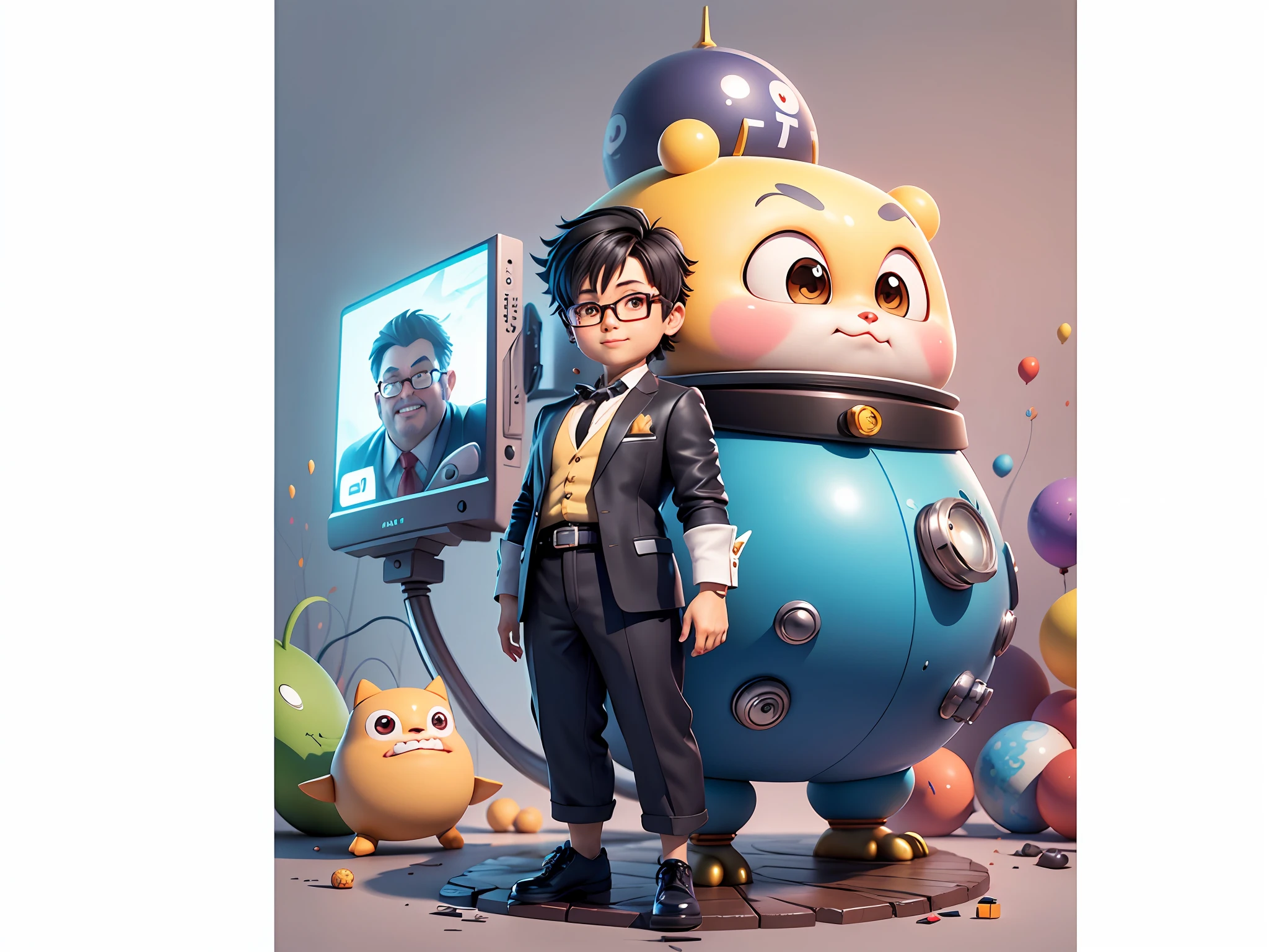 Masterpiece), (Excellent), (Super Meticulous), (Full Body: 1.2), Super Young Woman, Beautiful, Sexy, Bursting, Oriental Face, TV Anchor, Bust Portrait Illustration, Alone, Black Suit, Blue Tie, Silver Glasses, Slightly Chubby Face, Very Clean Face, No Beard, Black Super Short Hair, Black Eyes, Confident Smile, 3c Computer Sub-Products, iPad, iPhone, Digital Painting, 3D Character Design by Akira Toriyama with Mark Claireden and Pixar and Hayao Miyazaki, The illustration is a high-definition illustration in 4K resolution with very detailed facial features and cartoon-style visuals.