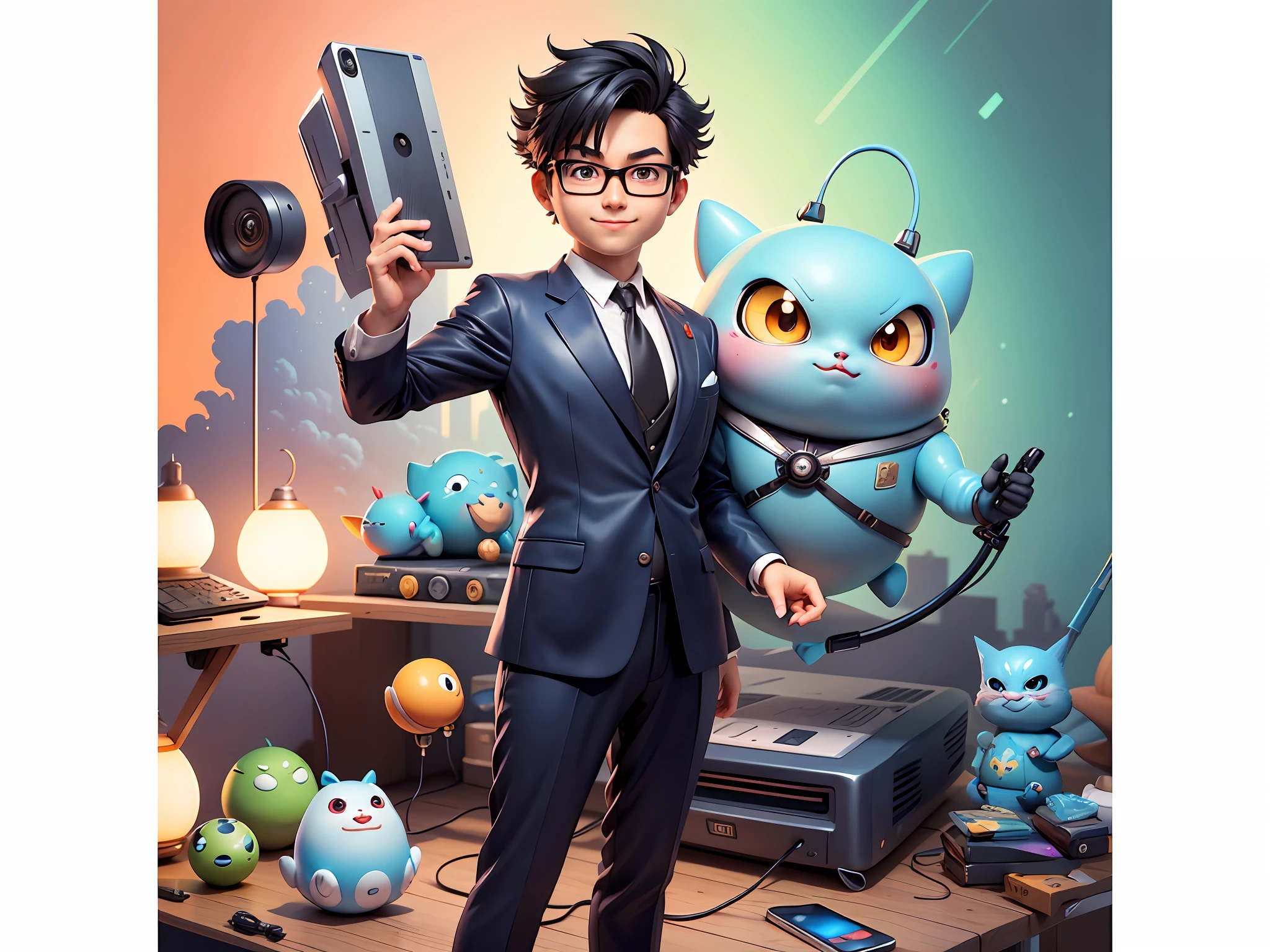 Masterpiece), (Excellent), (Super Meticulous), (Full Body: 1.2), Super Young Woman, Beautiful, Sexy, Bursting, Oriental Face, TV Anchor, Bust Portrait Illustration, Alone, Black Suit, Blue Tie, Silver Glasses, Slightly Chubby Face, Very Clean Face, No Beard, Black Super Short Hair, Black Eyes, Confident Smile, 3c Computer Sub-Products, iPad, iPhone, Digital Painting, 3D Character Design by Akira Toriyama with Mark Claireden and Pixar and Hayao Miyazaki, The illustration is a high-definition illustration in 4K resolution with very detailed facial features and cartoon-style visuals.
