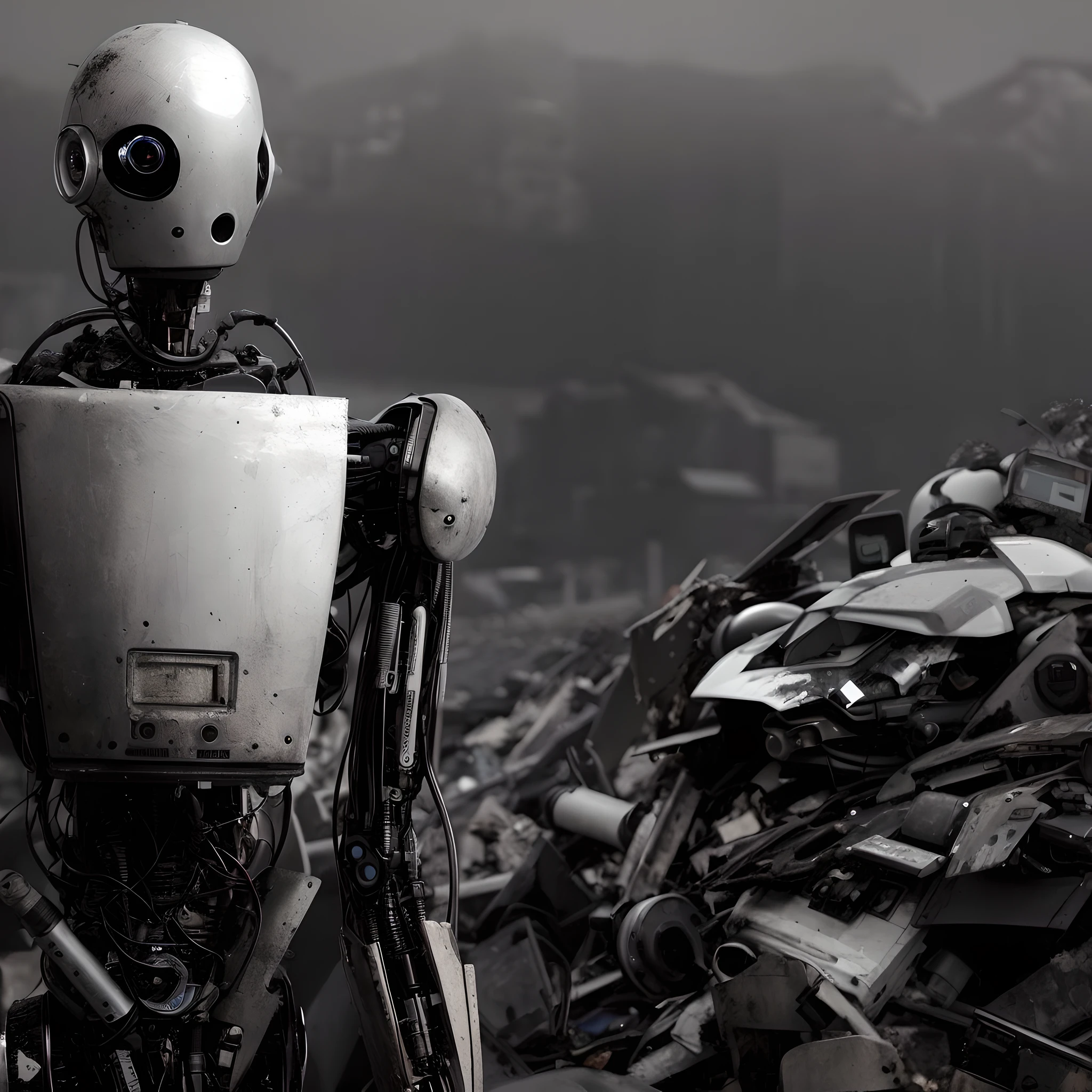 Arafed robot sitting on a pile of robotic garbage in a black and white photo, destroyed robots, robot photography, sebastião salgado photography, robot destruction, discarded mecha in the background, dystopian digital art, a still life of a robot, close-up of an old robot sitting, pathetic robot, robotic, blurred background, sebastião salgado photography, award-winning photography
