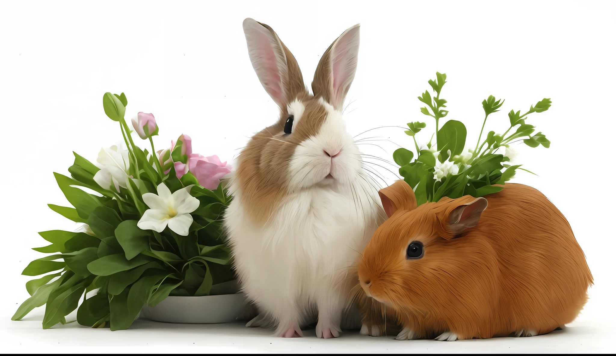 rabbit and guinea pigs, flowers, nature