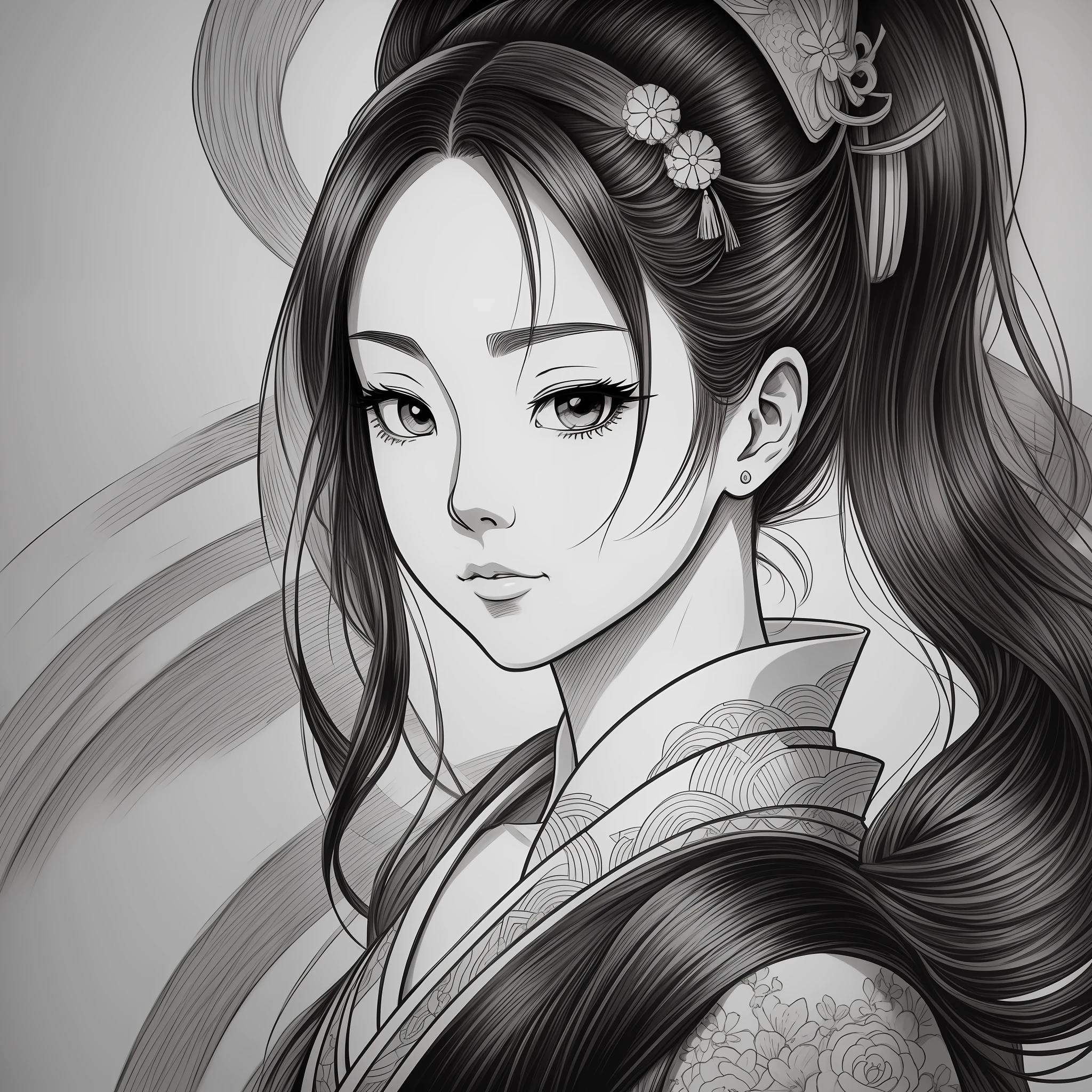 Coloring book, anime style. A portrait of a Japanese geisha, painting with Chinese ink. realistic sketch style, free lines, black and white, on paper, character sheet, sharp lines, anime