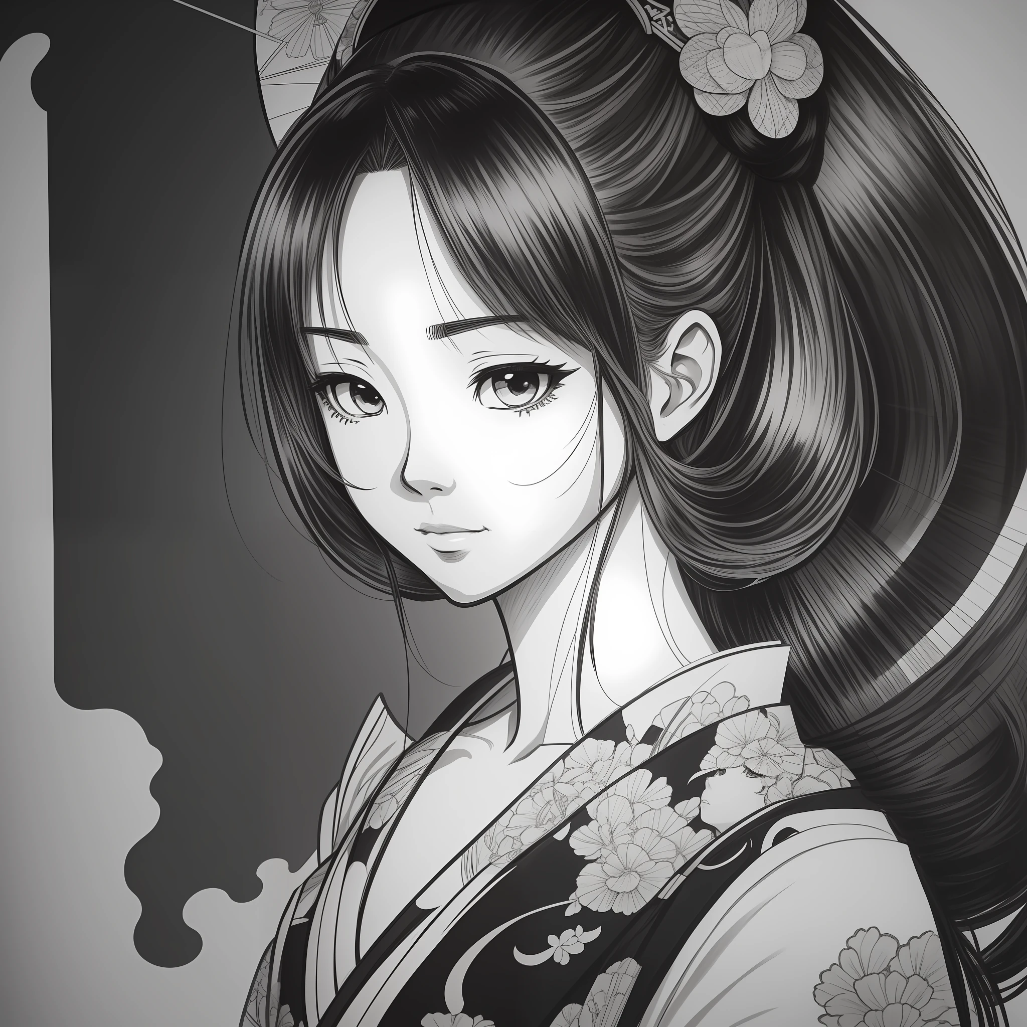 Coloring book, anime style. A portrait of a Japanese geisha, painting with Chinese ink. realistic sketch style, free lines, black and white, on paper, character sheet, sharp lines, anime