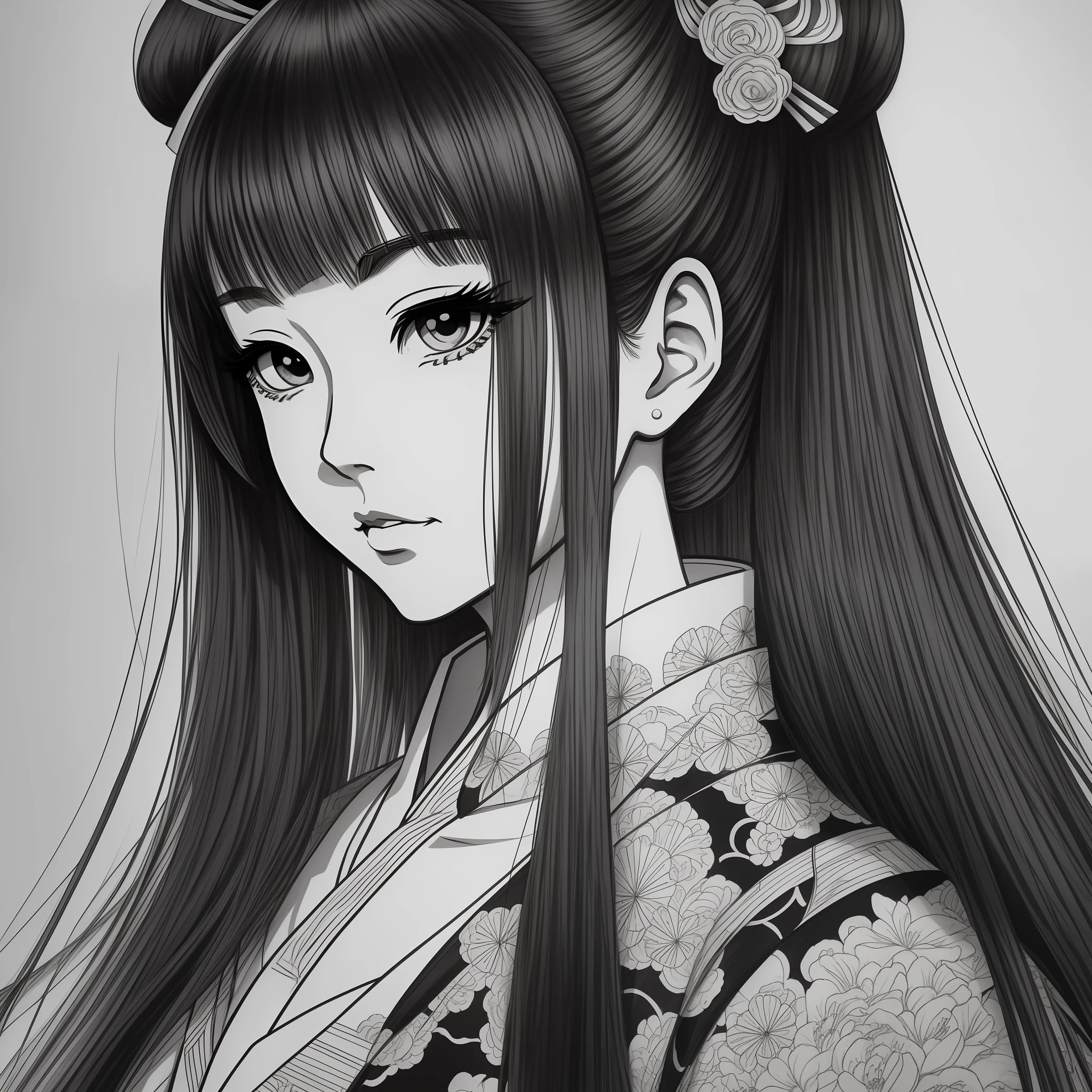 Coloring book, anime style. A portrait of a Japanese geisha, painting with Chinese ink. realistic sketch style, free lines, black and white, on paper, character sheet, sharp lines, anime