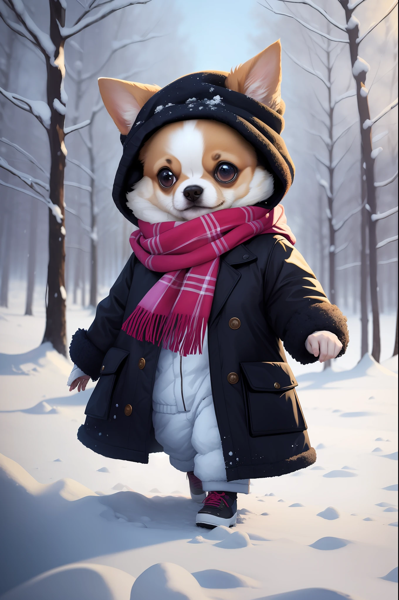 Style-NebMagic, Portrait of a round fluffy chihuahua DOG wearing a scarf made of Style-SylvaMagic in the snow, running, by Ismail Inceoglu, Gazelli, James Jean, Anton Fadeev and Yoshitaka Amano, insanely detailed, 8k resolution, digital art, trends in fashion arts station, vibrant colors, chibi style, a masterpiece, adorable and friendly