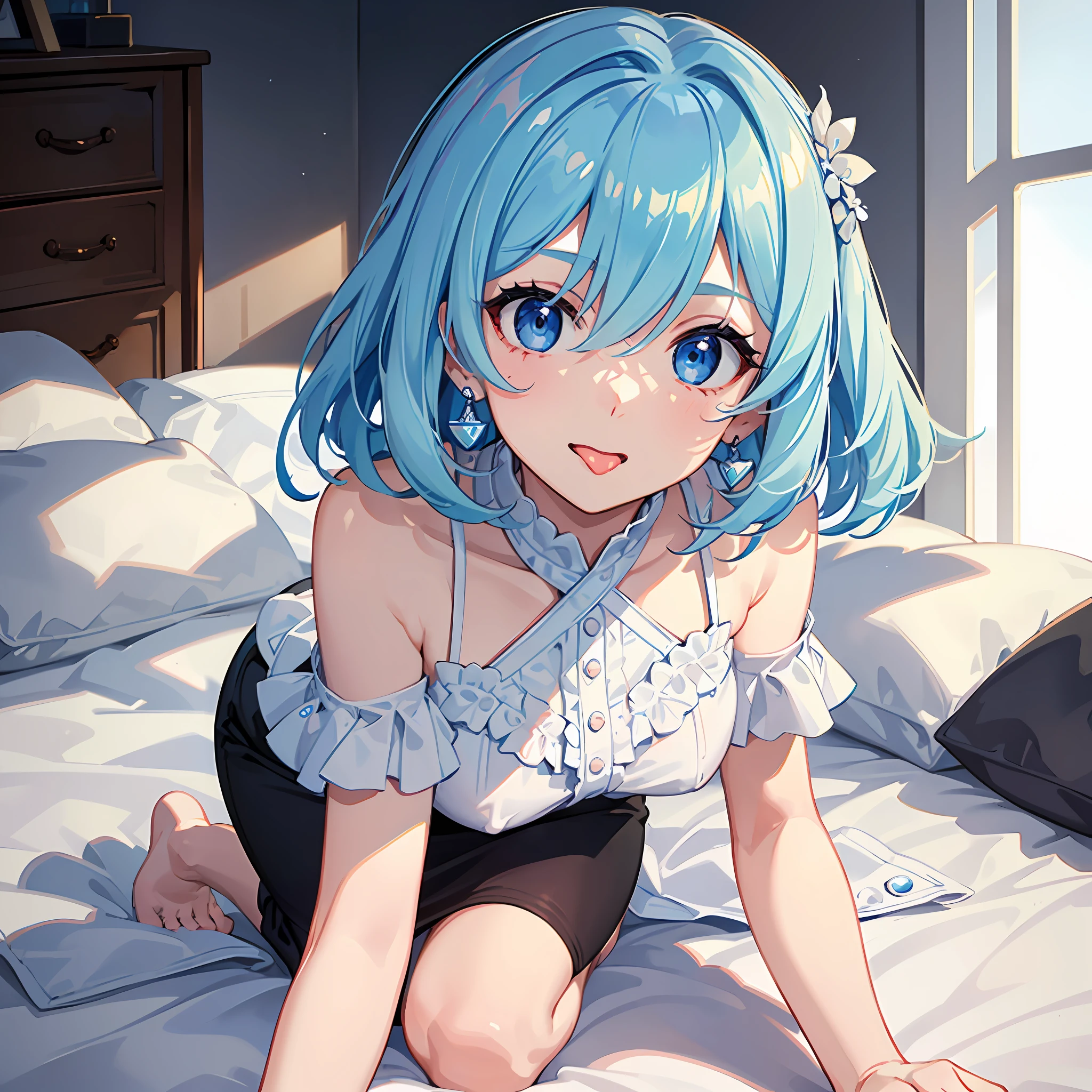 (((Masterpiece)))), (Best Quality))), Hi-Res, Front Angle, (Upper Body), Facing the Viewer, Standing, Crawling on all fours, ((Cute 1 Girl))), Solo, , White Skin, Small, Octocrad, (Light blue hair), ((Very short hair)), Crisp bangs, Beautiful hair, Blue eyes, Beautiful detail eyes, ((Sticking out tongue)), Smile, Heart, (Clothes with shoulders out), pencil skirt, white and blue clothes, earrings, white room, shadow lighting,