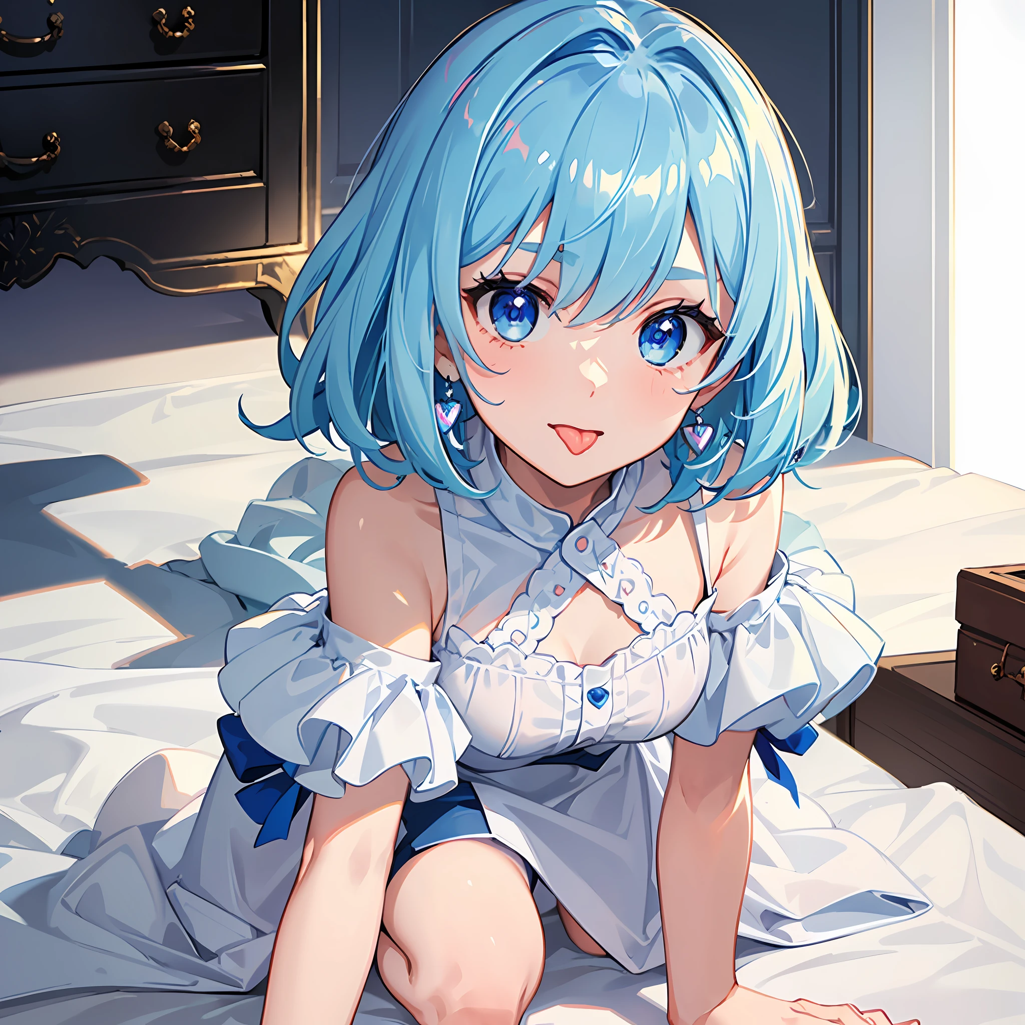 (((Masterpiece)))), (Best Quality))), Hi-Res, Front Angle, (Upper Body), Facing the Viewer, Standing, Crawling on all fours, ((Cute 1 Girl))), Solo, , White Skin, Small, Octocrad, (Light blue hair), ((Very short hair)), Crisp bangs, Beautiful hair, Blue eyes, Beautiful detail eyes, ((Sticking out tongue)), Smile, Heart, (Clothes with shoulders out), pencil skirt, white and blue clothes, earrings, white room, shadow lighting,