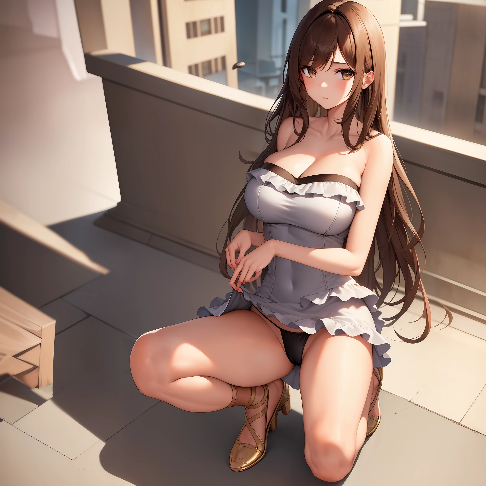 ((best quality, 8k, masterpiece: 1.3)), sharp: 1.2, perfect body beauty: 1.4, slender abs: 1.2, ((layered hairstyle, big breasts: 1.2)), (bandeau dress white: 1.1 ), city streets: 1.2, highly detailed facial and skin textures, detailed eyes, double eyelids, long brown hair, thin dress, hands behind, squatting, slightly revealing panties, revealing cleavage.