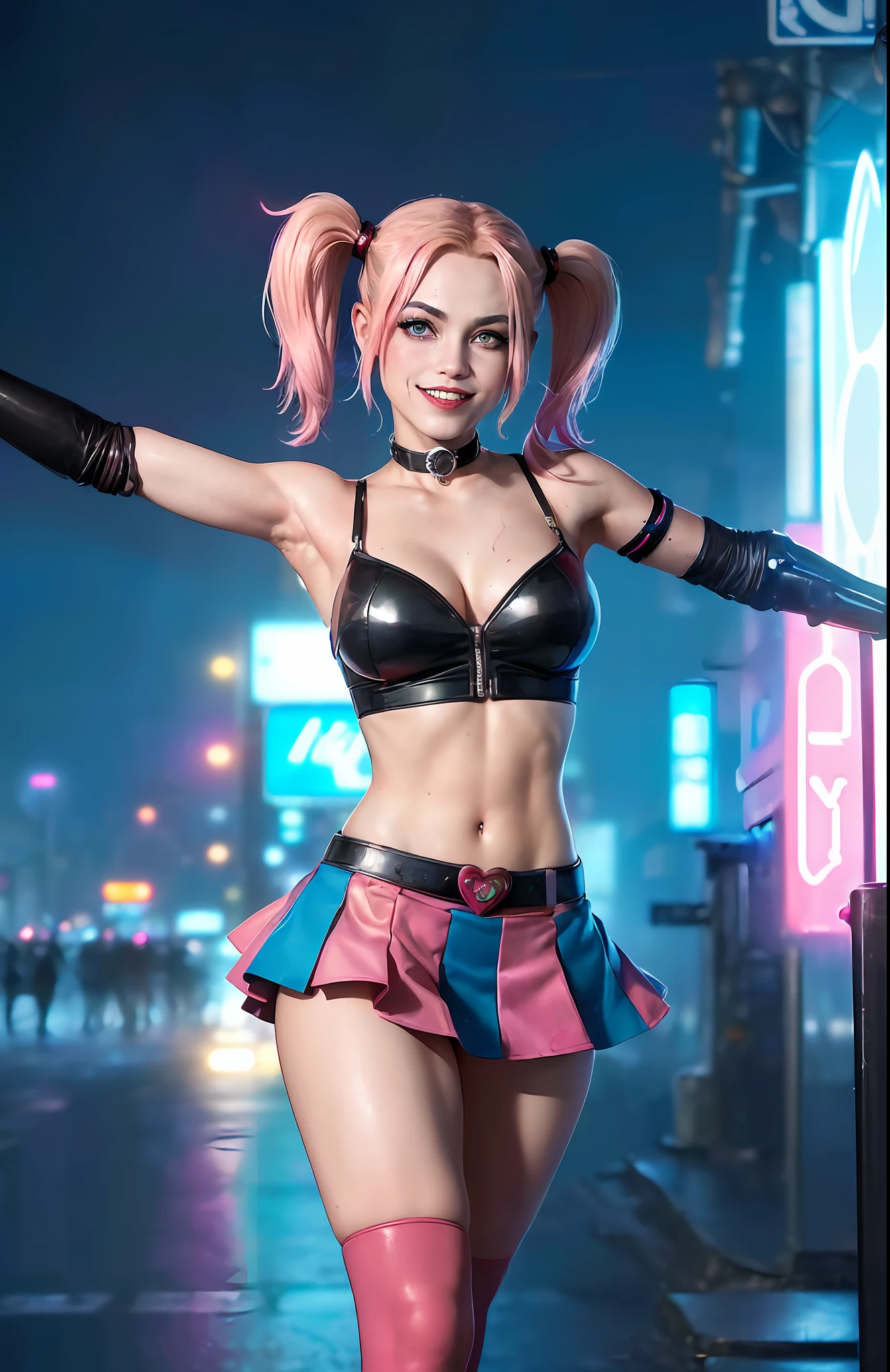 (
(Character: Harley Quinn,(30 years old), athletic body:1.3, muscular, tanned skin:1.3, thin face:1.2, thin waist:1.3, slim hips:1.3, VIP, model, sexy smile:1.2, long legs:1.5, slim legs:1.3, beautiful detailed eyes:1.3)
(Clothing: Harley Quinn cosplay:1.3, small skirt:1.2)
(Pose: full body:1.3, seduce stance, back to the cam, looking from behind, dynamic angle)
(Background: dense cyberpunk street, dive bar, neon holograms in background, dark, ominous, foggy, night, futuristic city, cyberpunk, pink and blue color scheme:1.3)
(Style: 150mm, beautiful studio soft light, rim light, bright details, luxury cyberpunk, hyperrealistic, anatomical, facial muscles, octane render, H. R. Giger style, 8k, best quality, masterpiece, illustration, extremely detailed, CG, unity, absurdres, incredibly absurdres, photo-realistic:1.37, amazing, fine detail, masterpiece, best quality, official art, vibrant colors),sfw
)