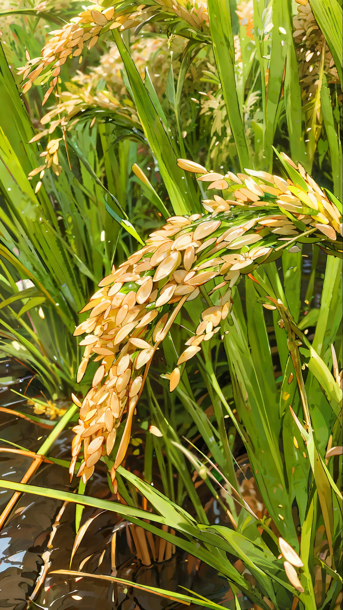 Rice, paddy rice, in water, green and yellow, plump grains