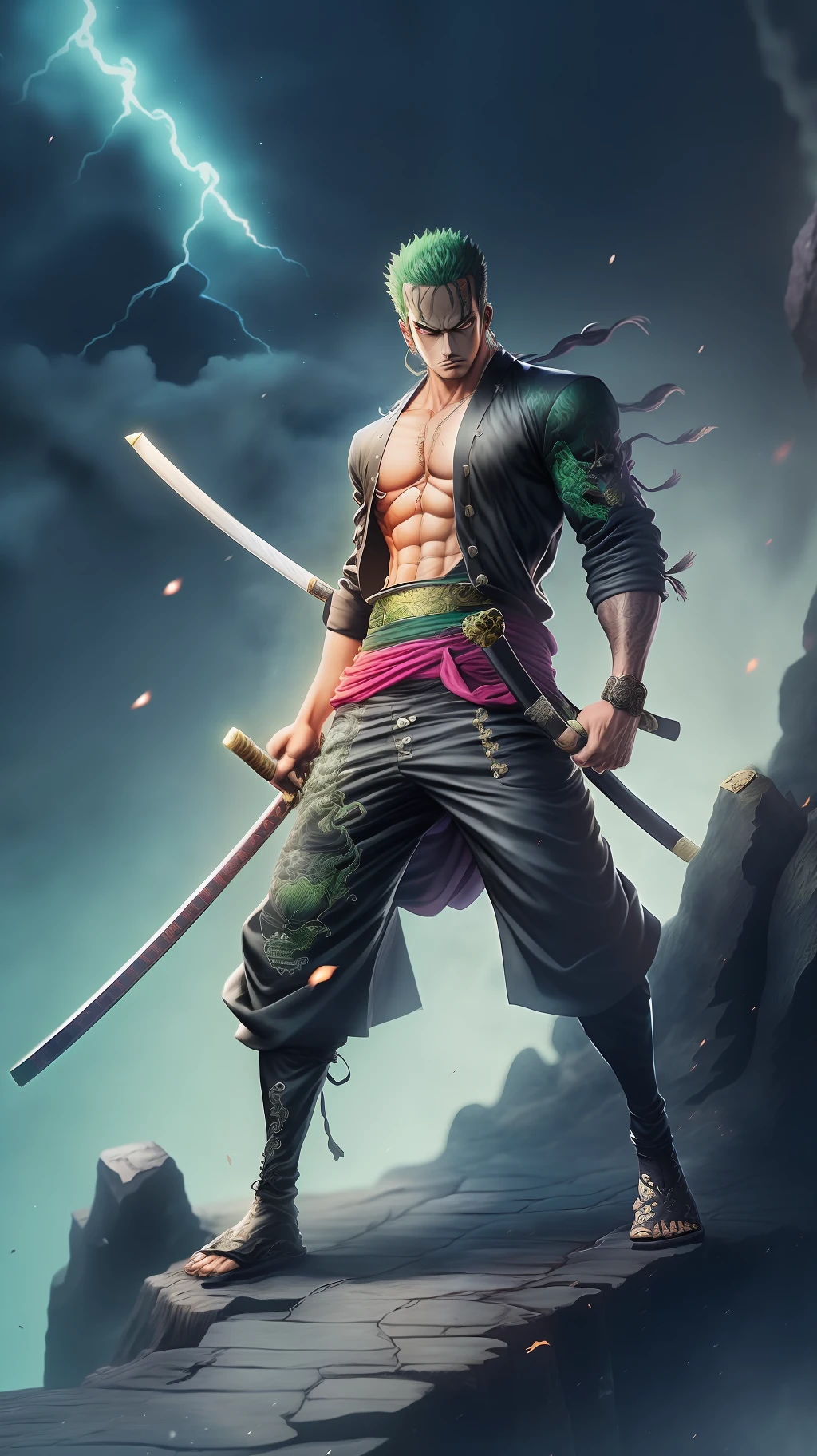 Roronoa Zoro (One Piece) standing on a mountain top, black dragon [(swirling:1.1), (majestic:1.3)] behind him with a stormy sky, lightning illuminating the scene, detailed clothing and armor with metallic finish, (realistic art style:1.4) inspired by classical oil paintings, strong shadows and highlights, intensity in the facial expression and body language, (contrast with dark background:1.2).