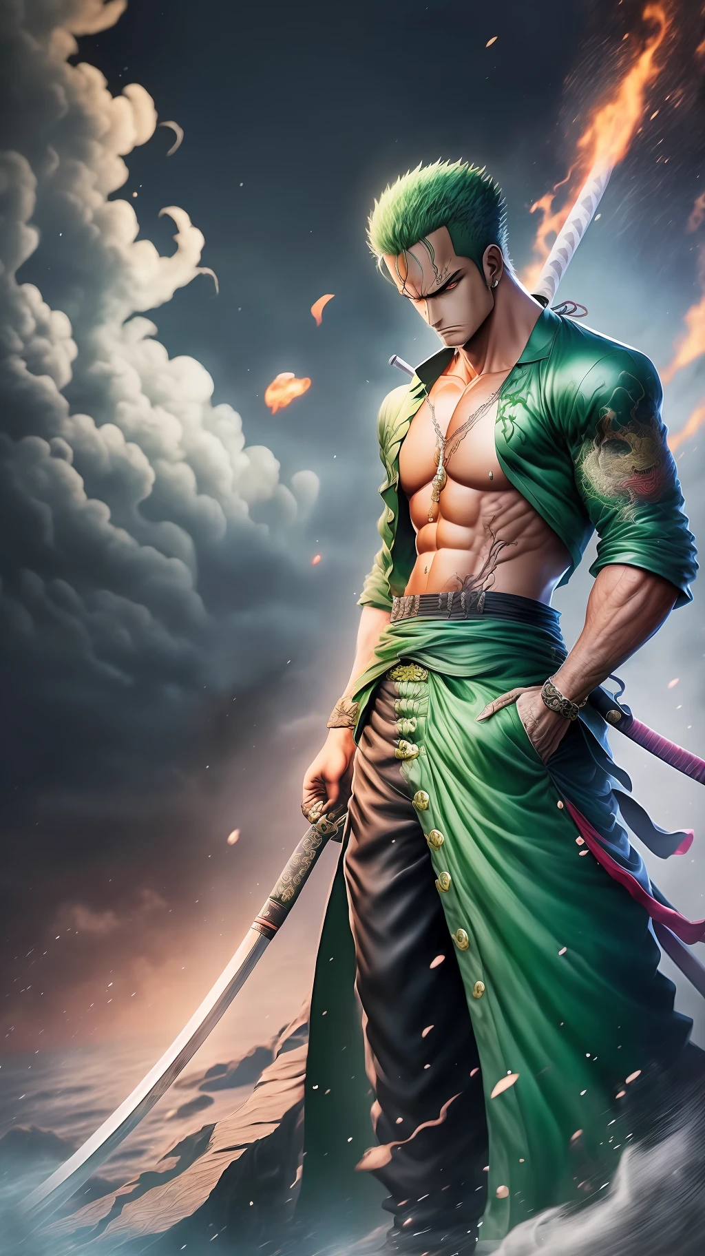 Roronoa Zoro (One Piece) standing on a mountain top, black dragon [(swirling:1.1), (majestic:1.3)] behind him with a stormy sky, lightning illuminating the scene, detailed clothing and armor with metallic finish, (realistic art style:1.4) inspired by classical oil paintings, strong shadows and highlights, intensity in the facial expression and body language, (contrast with dark background:1.2).