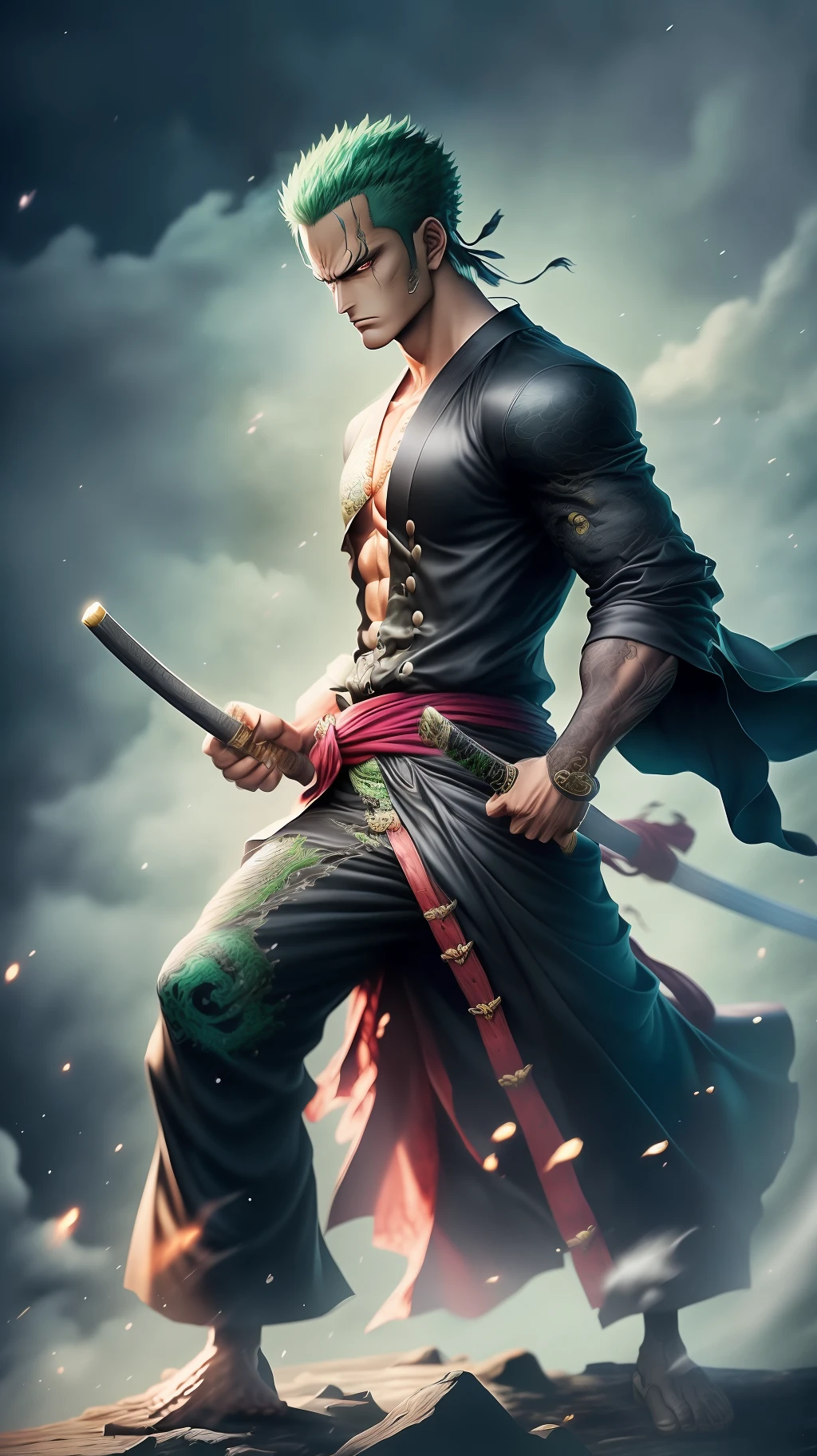 Roronoa Zoro (One Piece) standing on a mountain top, black dragon [(swirling:1.1), (majestic:1.3)] behind him with a stormy sky, lightning illuminating the scene, detailed clothing and armor with metallic finish, (realistic art style:1.4) inspired by classical oil paintings, strong shadows and highlights, intensity in the facial expression and body language, (contrast with dark background:1.2).