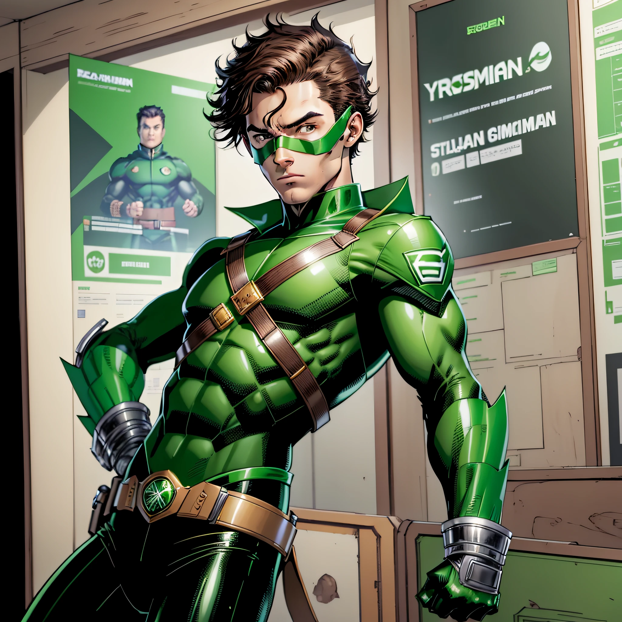 young , brown hair, wears a green mask I his face, green uniform,black long sleeve,green gloves,black belt,green pants,robin-based uniform,full body character,detailed,reference sheet,T pose,white background --seed3814226243