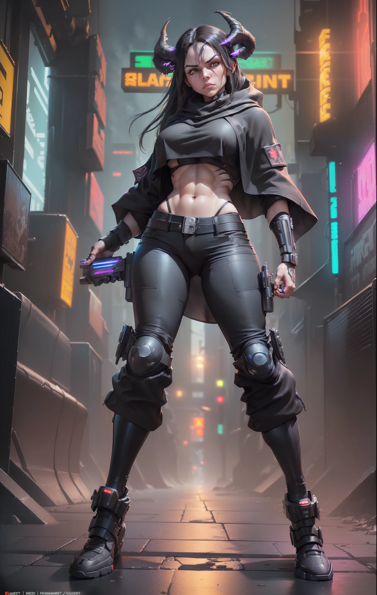 (
(Character: one male, non-human:1.3, quadridactyl:1.4, humanoid features:1.4, dark tough skin:1.4, long straight hair:1.3, narrow eyes:1.2, curved horns on the forehead:1.3)
(Clothing: Futuristic brown poncho:1.3, black pants:1.3)
(Weapon: Two blaster pistols:1.3)
(Pose: full body:1.3, combat stance)
(Background: dense cyberpunk street, dive bar, neon holograms in background, dark, ominous, foggy, night, futuristic city, cyberpunk, gray color scheme)
(Style: 150mm, beautiful studio soft light, rim light, bright details, luxury cyberpunk, hyperrealistic, anatomical, facial muscles, octane render, H. R. Giger style, 8k, best quality, masterpiece, illustration, extremely detailed, CG, unity, absurdres, incredibly absurdres, photo-realistic:1.37, amazing, fine detail, masterpiece, best quality, official art, vibrant colors)
)