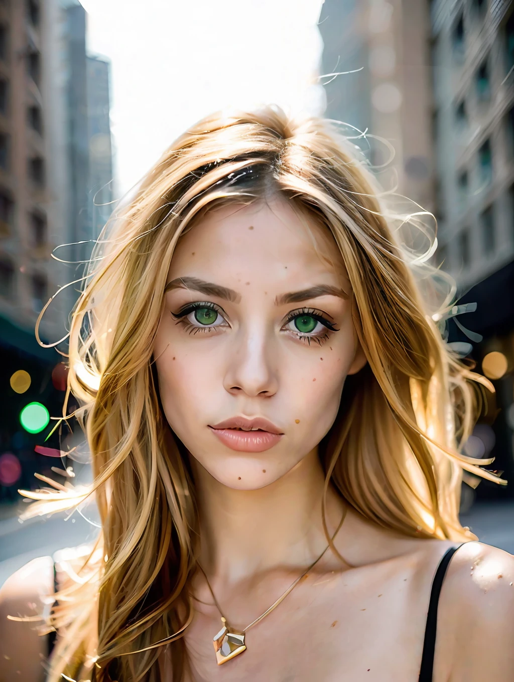 portrait of a stunning beautiful sexy woman in a city environment, messy windy light blonde hair, flipping hair, green eyes, symmetrical face, dramatic lighting, Chaotic atmosphere, sharp eyes, (extreme skin details) ultra realistic, rule of thirds, dramatic overhead lighting, detailed face, cute, shallow depth of field, intricate details, gold rays,