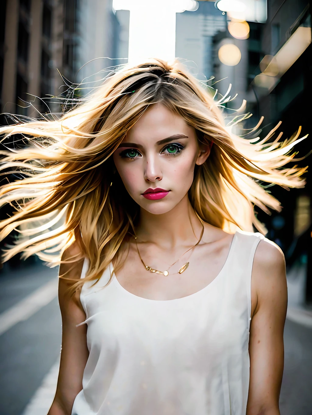 portrait of a stunning beautiful sexy woman in a city environment, messy windy light blonde hair, flipping hair, green eyes, symmetrical face, dramatic lighting, Chaotic atmosphere, sharp eyes, (extreme skin details) ultra realistic, rule of thirds, dramatic overhead lighting, detailed face, cute, shallow depth of field, intricate details, gold rays,