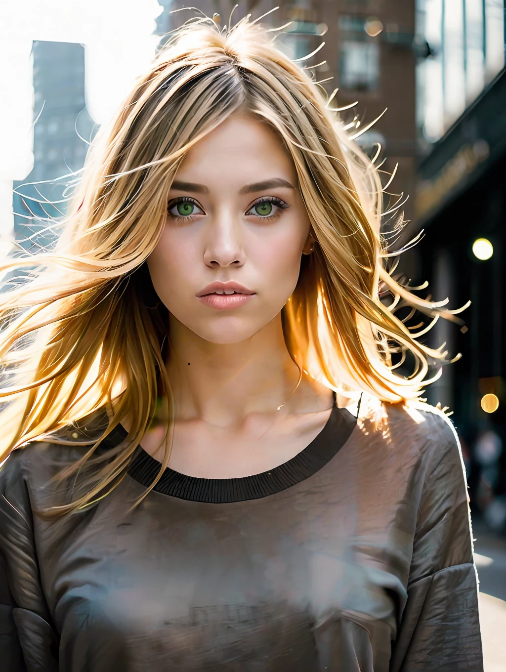 portrait of a stunning beautiful sexy woman in a city environment, messy windy light blonde hair, flipping hair, green eyes, symmetrical face, dramatic lighting, Chaotic atmosphere, sharp eyes, (extreme skin details) ultra realistic, rule of thirds, dramatic overhead lighting, detailed face, cute, shallow depth of field, intricate details, gold rays,