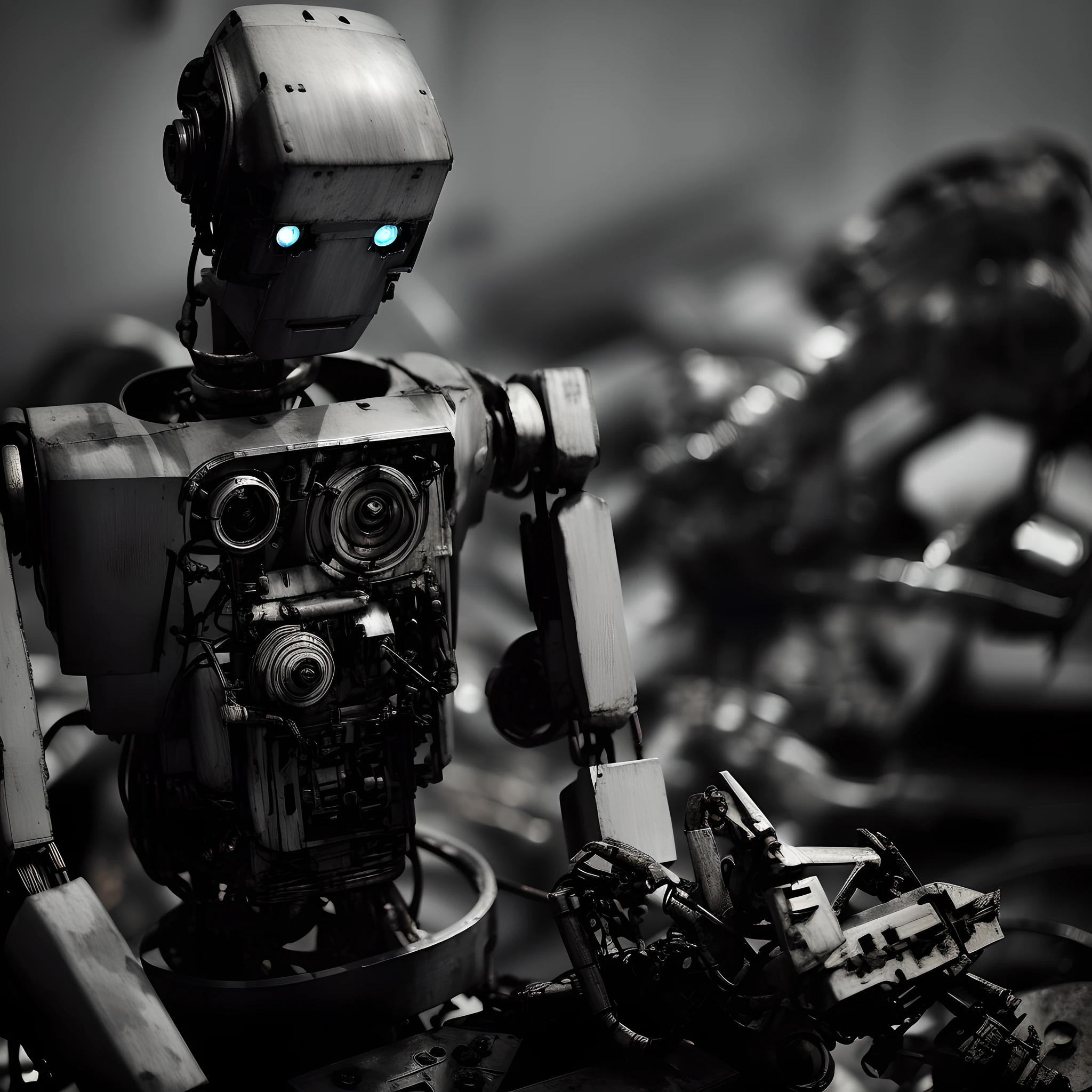 A closeup of an old robot sitting, black and white photograph of sad robot, destroyed robots, a still life of a robot, a still life of a rusty robot, ((robot)), robot parts, robot destruction, robots, metal robots, droid, posing robotically, ( ( ( cyborgs robot ), Sebastião Salgado photography, award-winning photography, blurred background